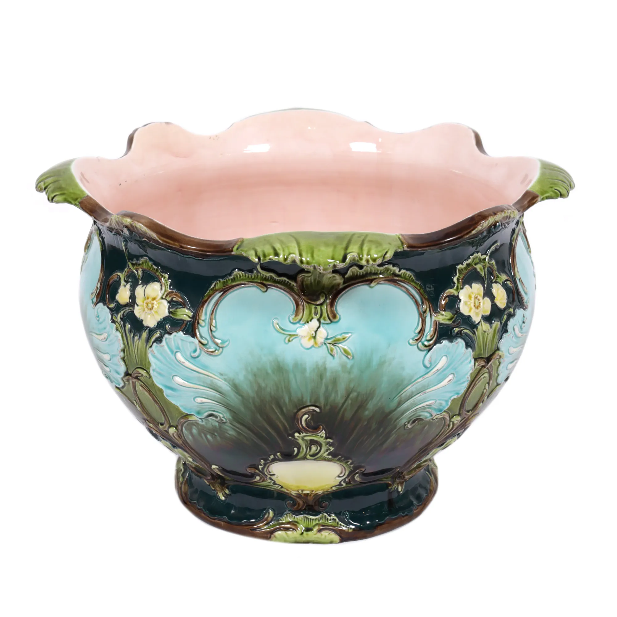 Julius Dressler majolica jardiniere, Art Nouveau style, decorated with floral-vegetal motifs, ca. 1905-1910