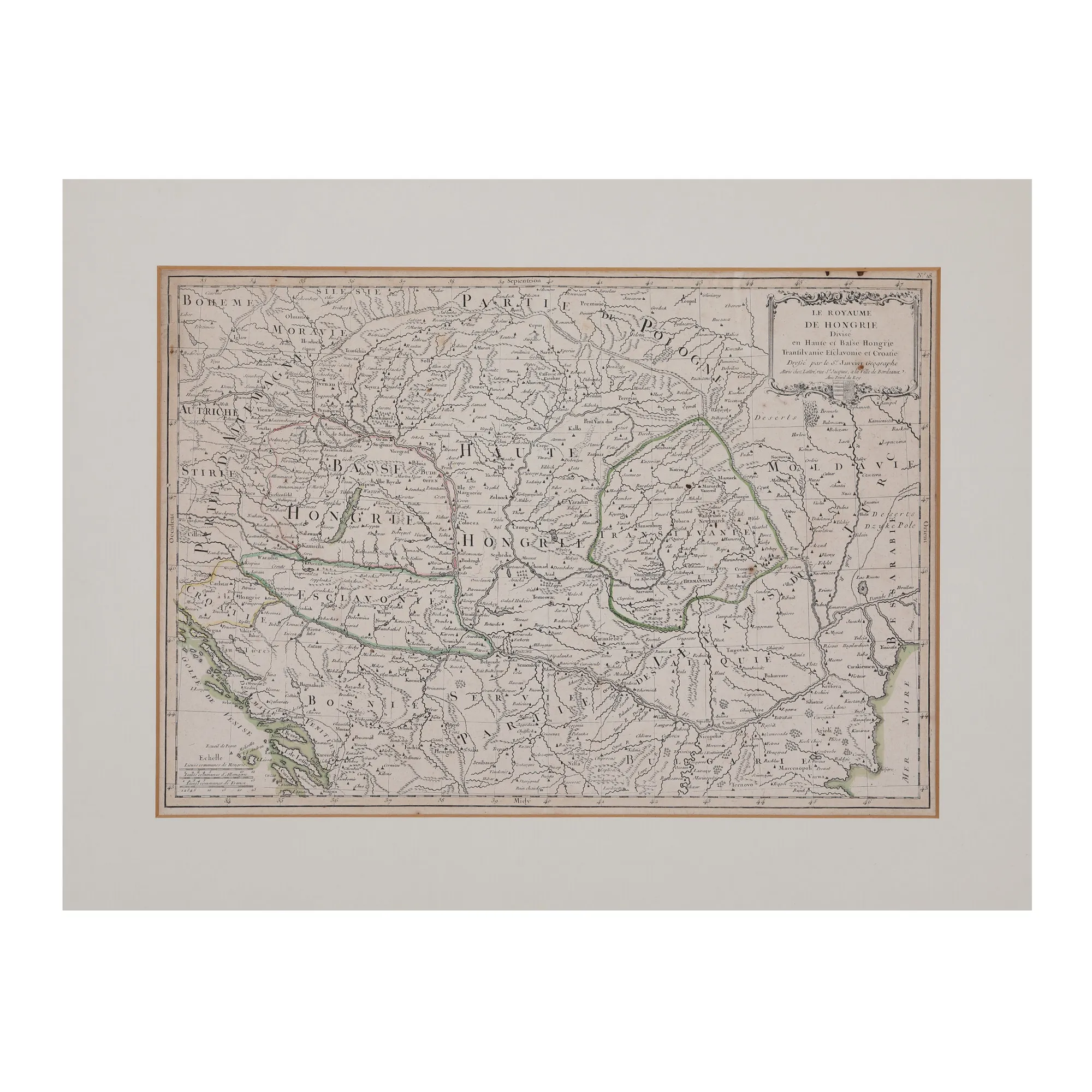 "Kingdom of Hungary divided into Upper and Lower Hungary, Transylvania, Esclavonia and Croatia" map by Jean Janvier, Paris, approximately 1780