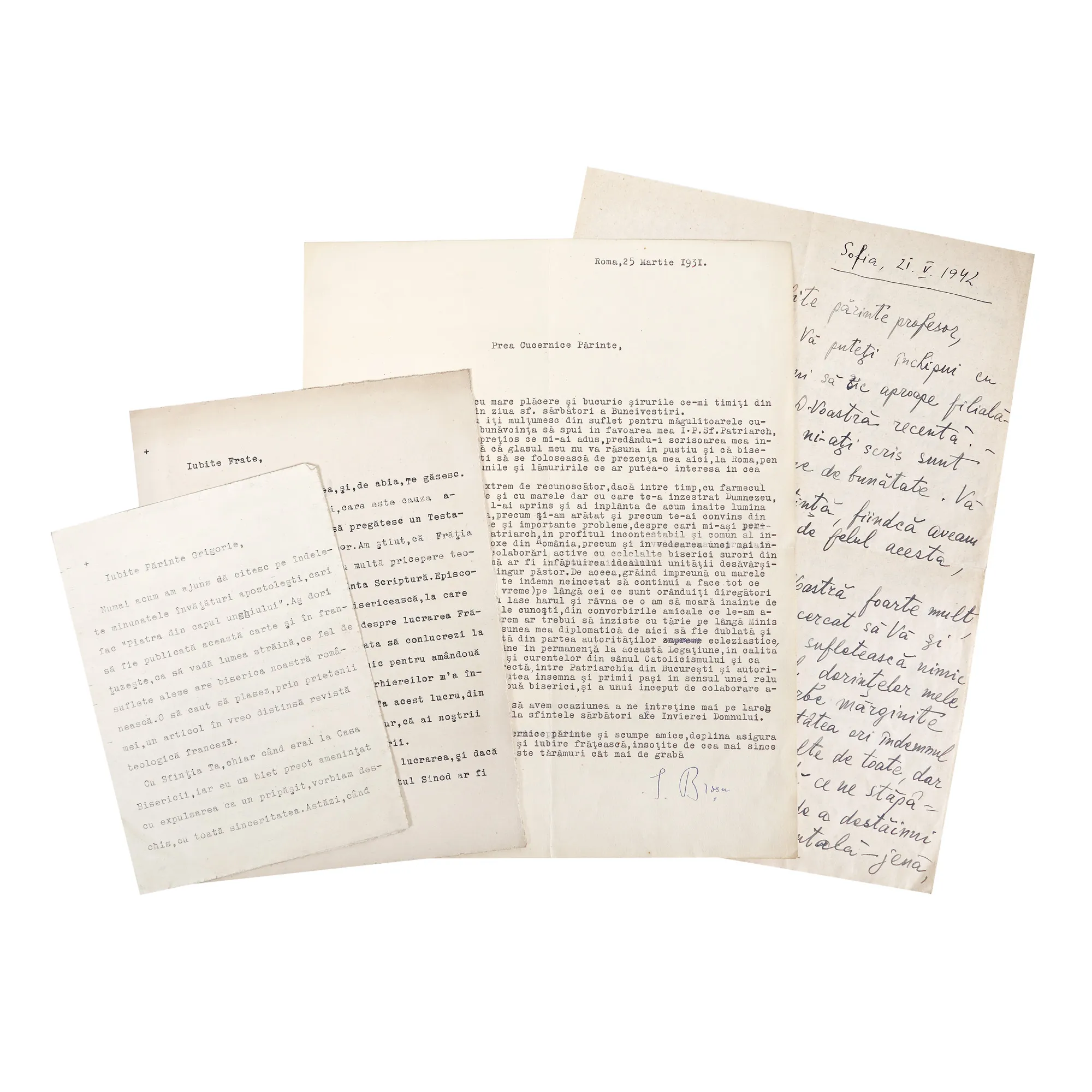 Lot format din patru scrisori, din care două redactate de Mitropolitul Ardealului Nicolae Bălan, 1932-1942, provin din colecția istorică Șerban Țuculescu-Maria Galaction