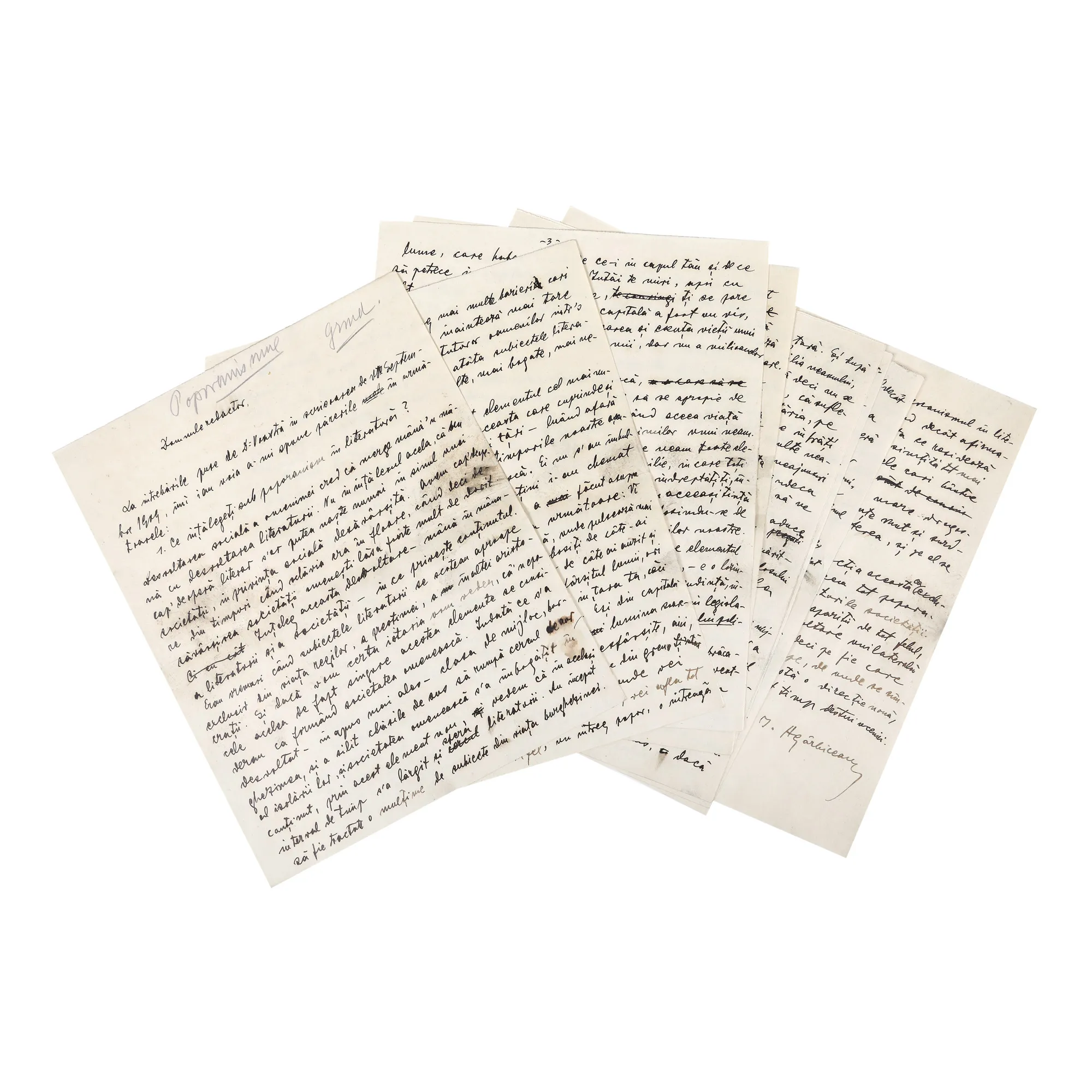 Manuscris de Ion Agârbiceanu, referitor la Poporanism, cca. 1912, cu semnătura olografă (8 file)