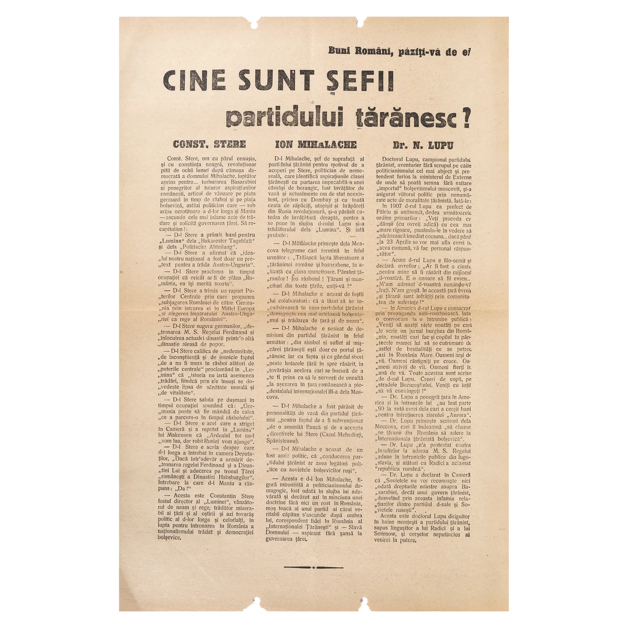 Afiș de propagandă comunistă împotriva Partidului Național Țărănesc, ”Cine sunt șefii partidului țărănesc", 1946