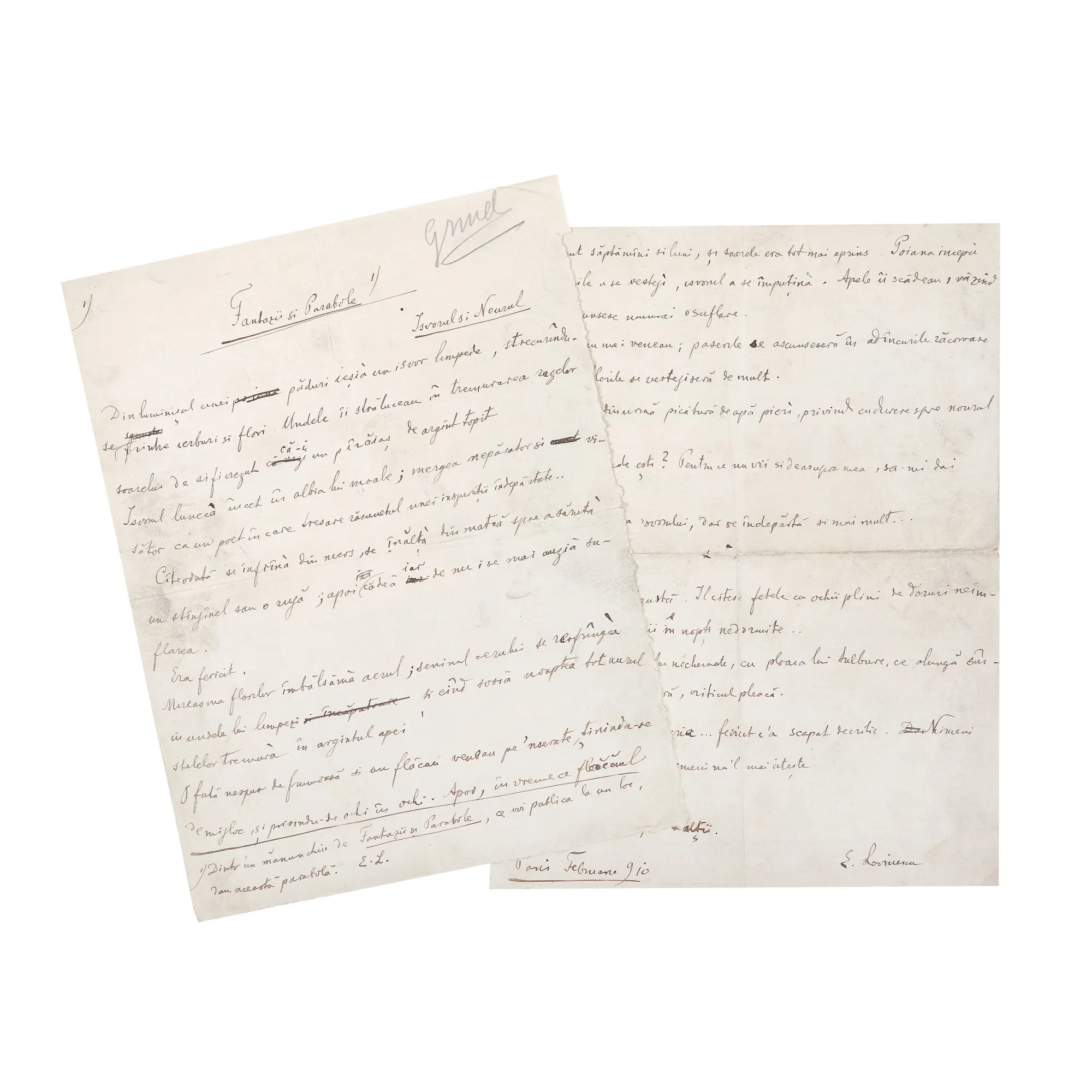 Manuscris ”Fantezii și Parabole - Izvorul și Nourul”, de Eugen Lovinescu, Paris, februarie 1910, cu semnătura olografă (2 file)