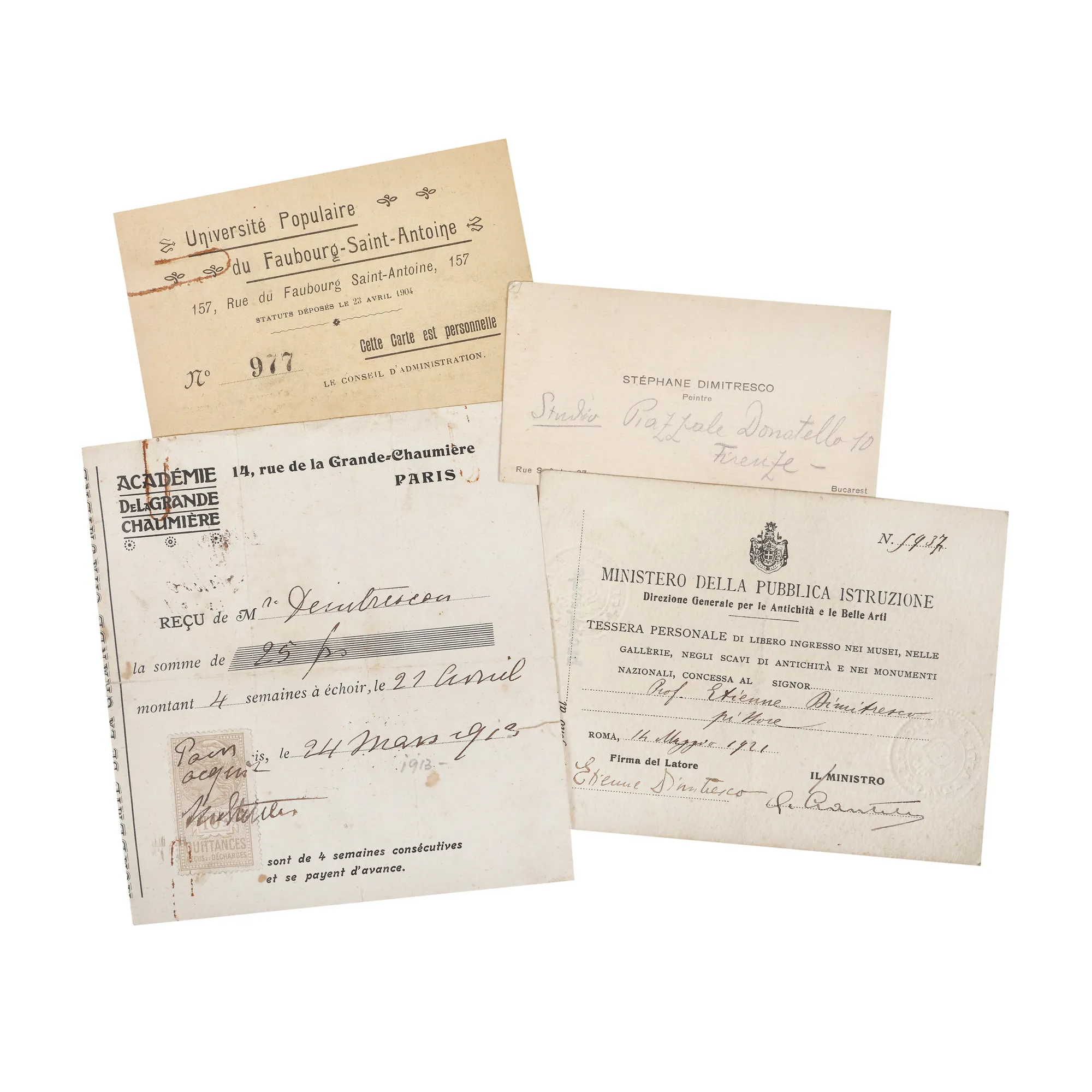 Set consisting of a document issued by Académie de la Grande Chaumière, of March 24, 1913, a ticket for free visits to museums, galleries and monuments in Rome, issued by the Italian Ministry of Public Instruction with a photograph of the artist, dated March 14, 1921, an admission card to the Université Populaire in Paris for April 1913, and a visiting card in his capacity as painter, all belonging to Ștefan Dimitrescu, 1913-1921