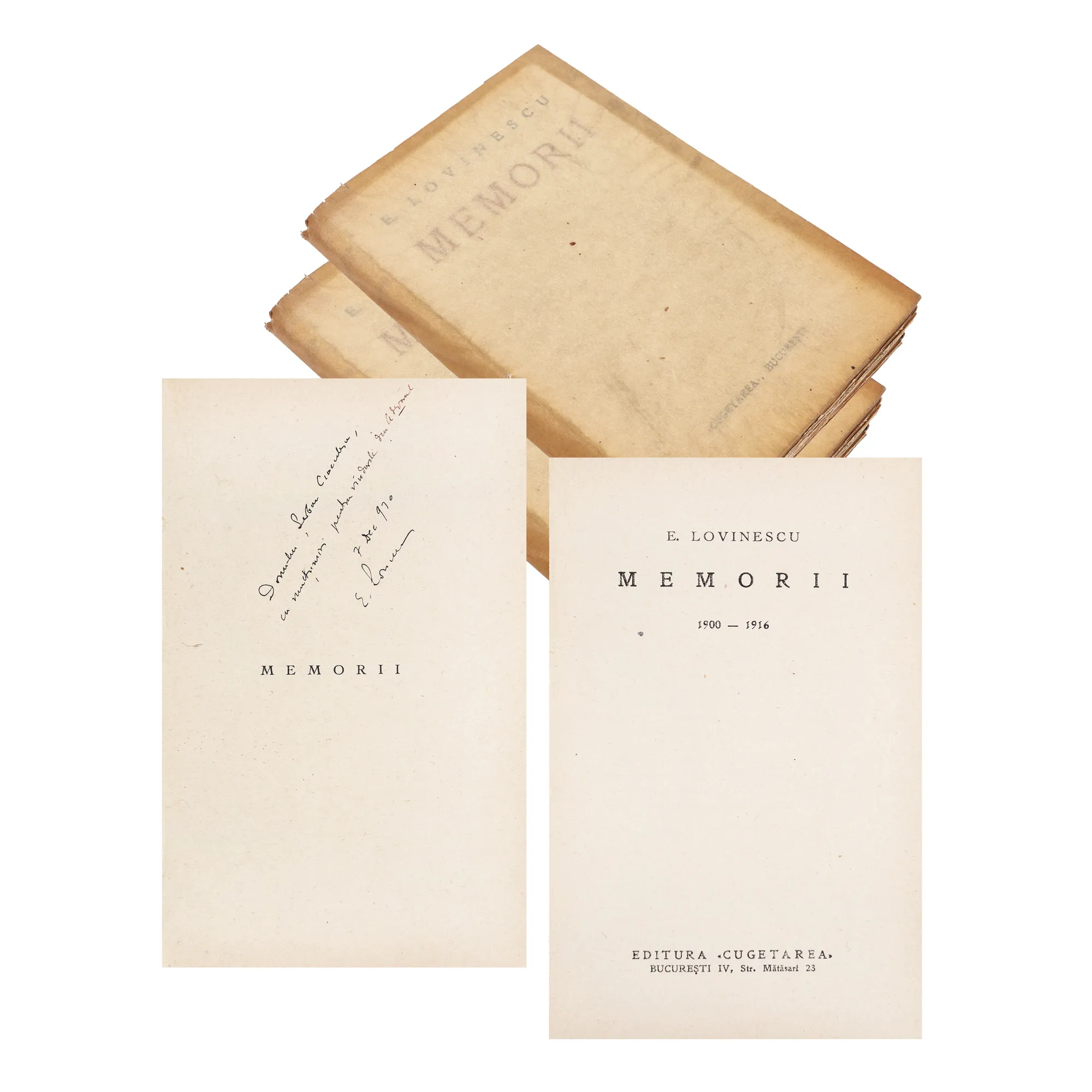 "Memorii" ("Memoirs"), by Eugen Lovinescu, princeps edition, two volumes, Bucharest, 1930-1932, with the author's dedication to Șerban Cioculescu, from the collection of literary critic Șerban Cioculescu 