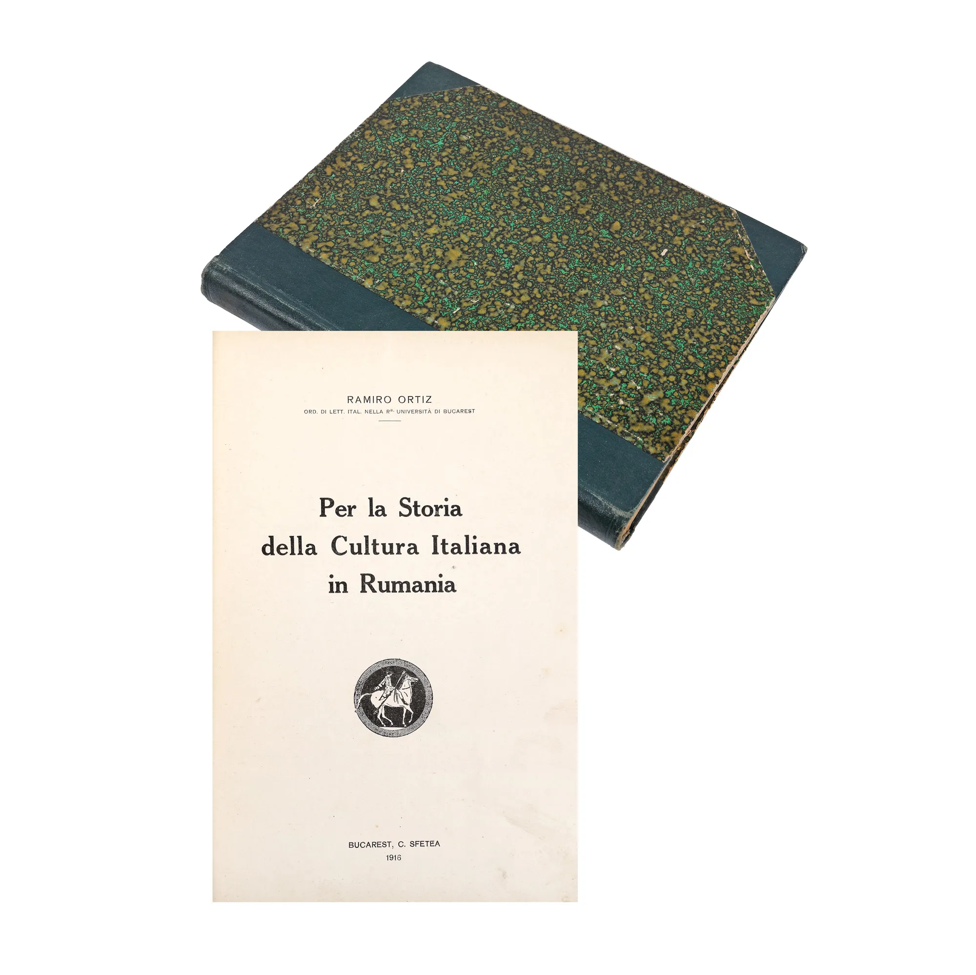 "Pentru istoria culturii italiene în România" ("For the History of Italian Culture in Romania"), by Ramiro Ortiz, Italian, Bucharest, 1916, with the author's dedication, from the collection of literary critic Șerban Cioculescu 