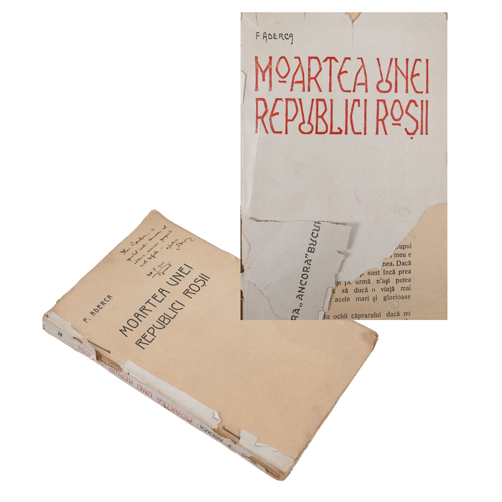 "Moartea unei republici roșii" ("The Death of a Red Republic"), by Felix Aderca, Bucharest, 1924, with the author's dedication to Șerban Cioculescu, from the collection of literary critic Șerban Cioculescu 