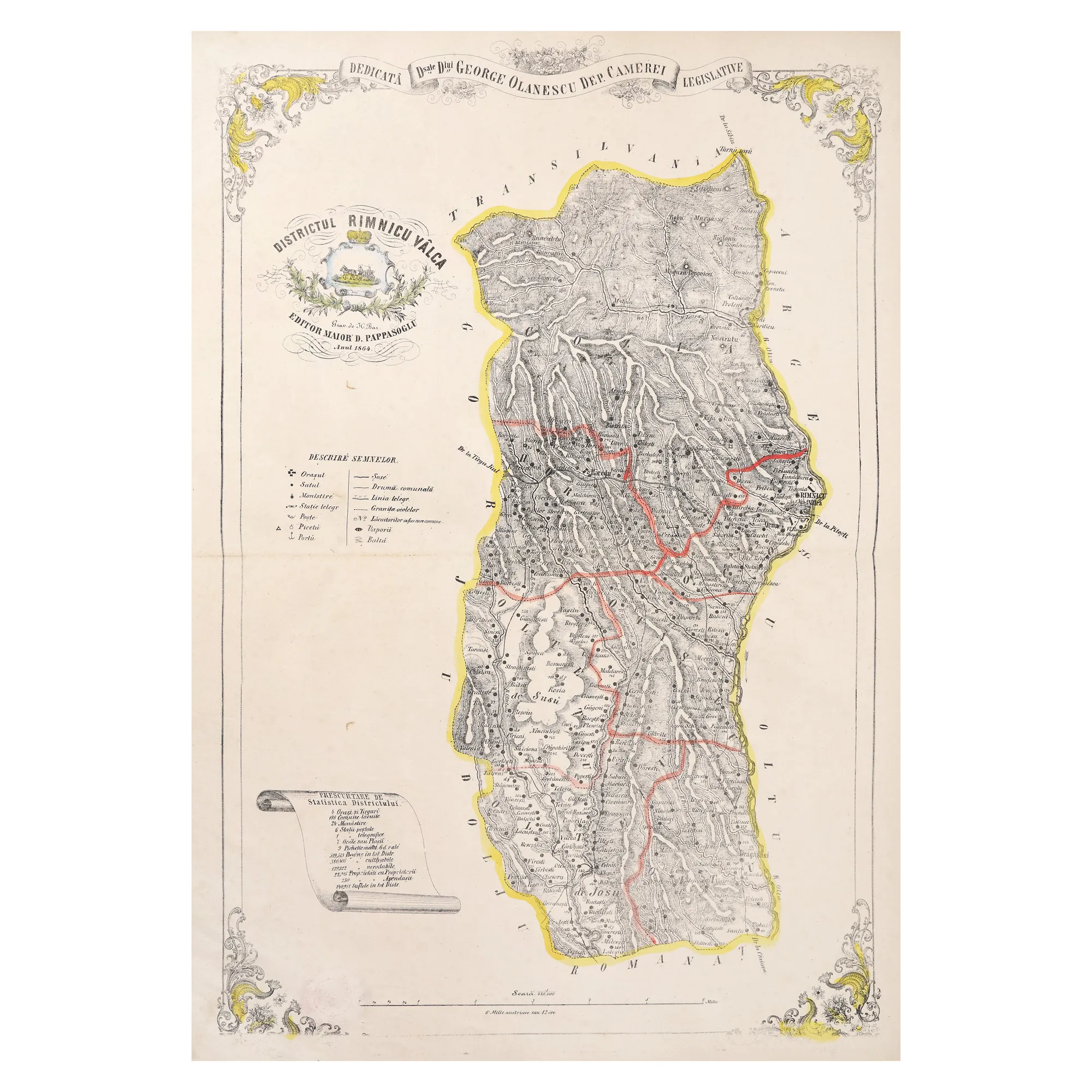 "Districtul Râmnicul Vâlcea" ("District of Râmnicul Vâlcea") map by Dimitrie Papazoglu, Bucharest, 1864, very rare item