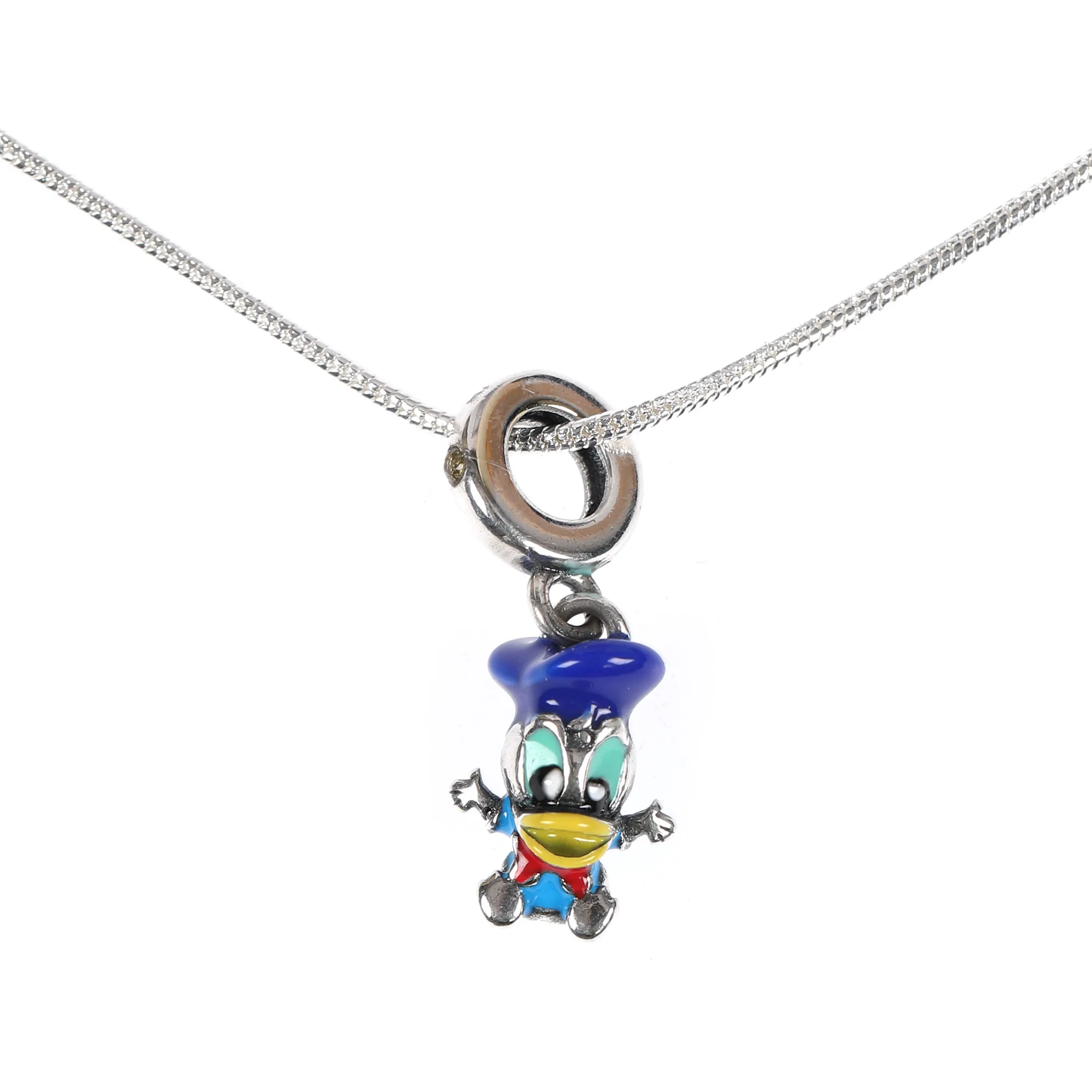 Silver chain with Donald Duck pendant, adorned with enamel and sapphires