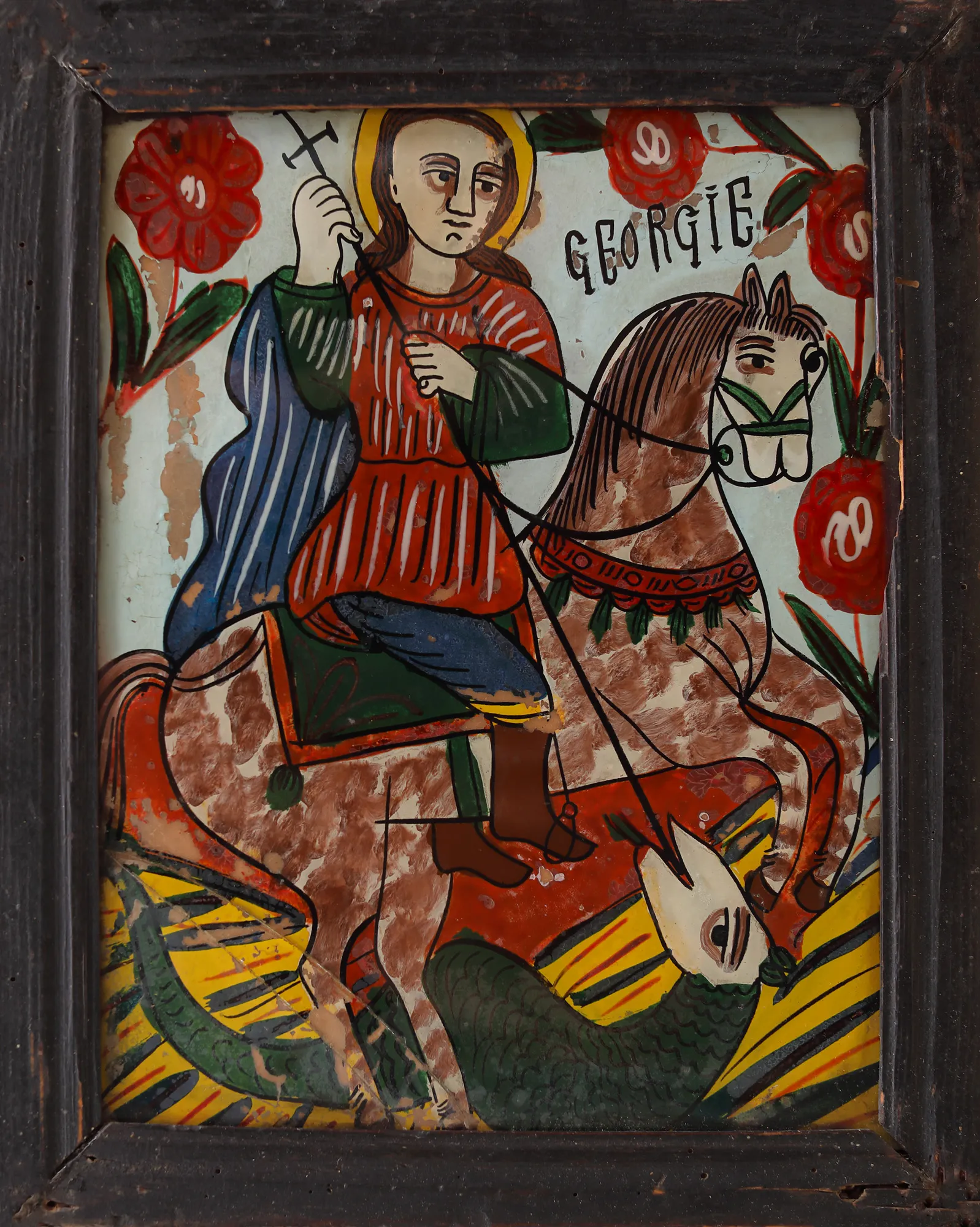 Icoană pe glajă, "Sfântul Gheorghe omorând balaurul", atelier din Gherla, sfârșitul sec. XIX, provine din colecția artistei Sanda Șaramat