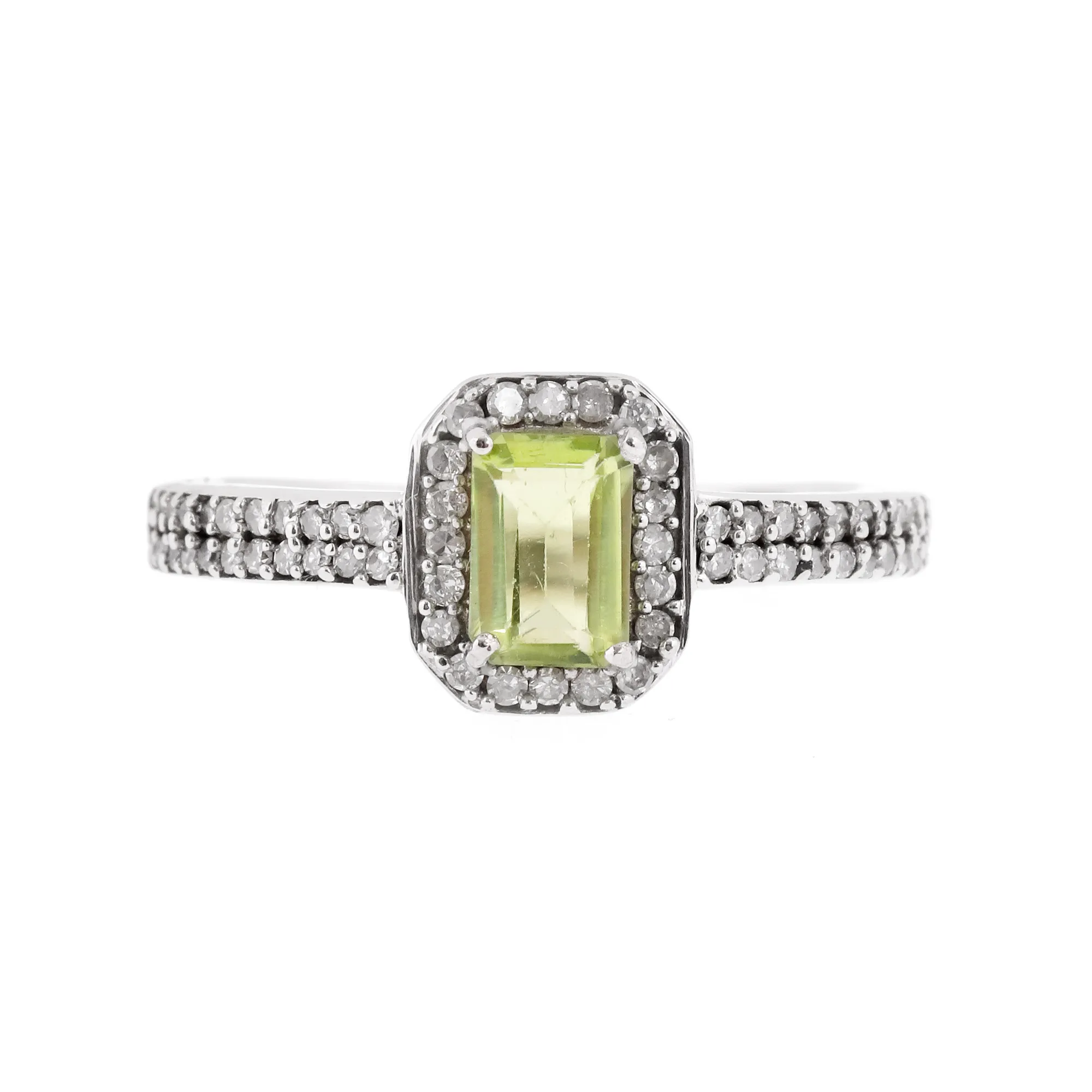 Inel din aur alb, decorat cu peridot și diamante
