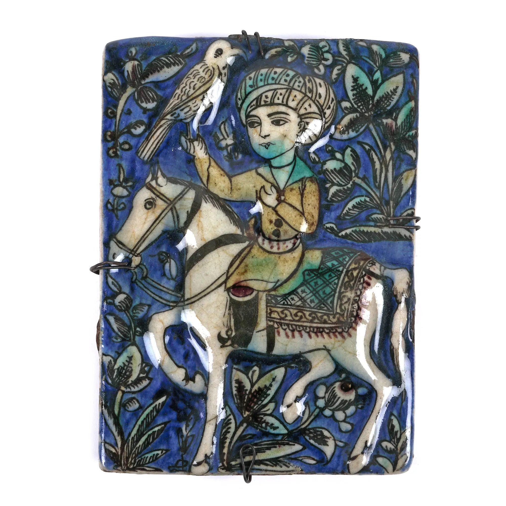 Cahlă Qajar din teracotă glazurată, reprezentând un prinț, Iran, sec. XIX