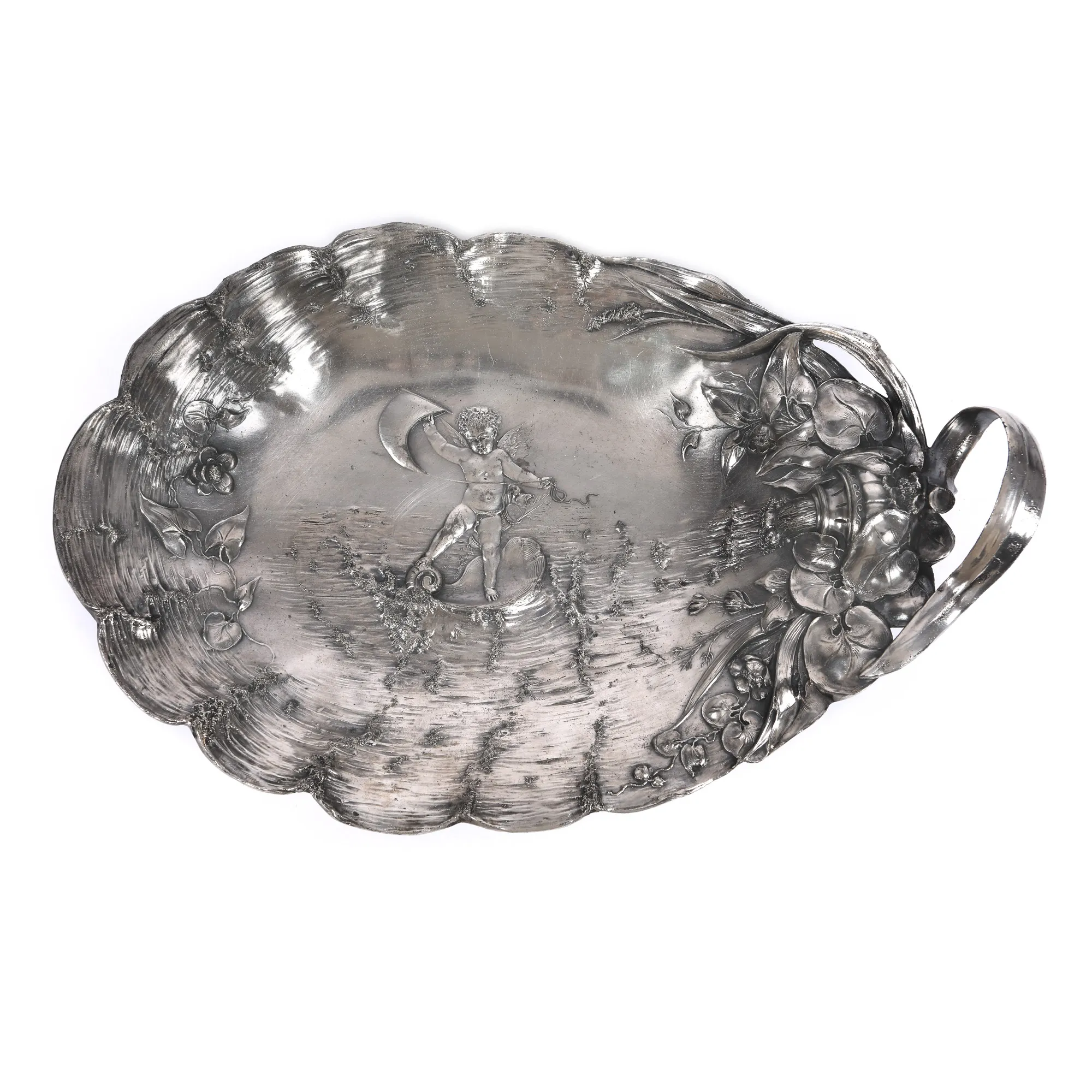 Large Art Nouveau fruit bowl, decorated with water allegory, made of bronze and silver-plated metal, circa 1900