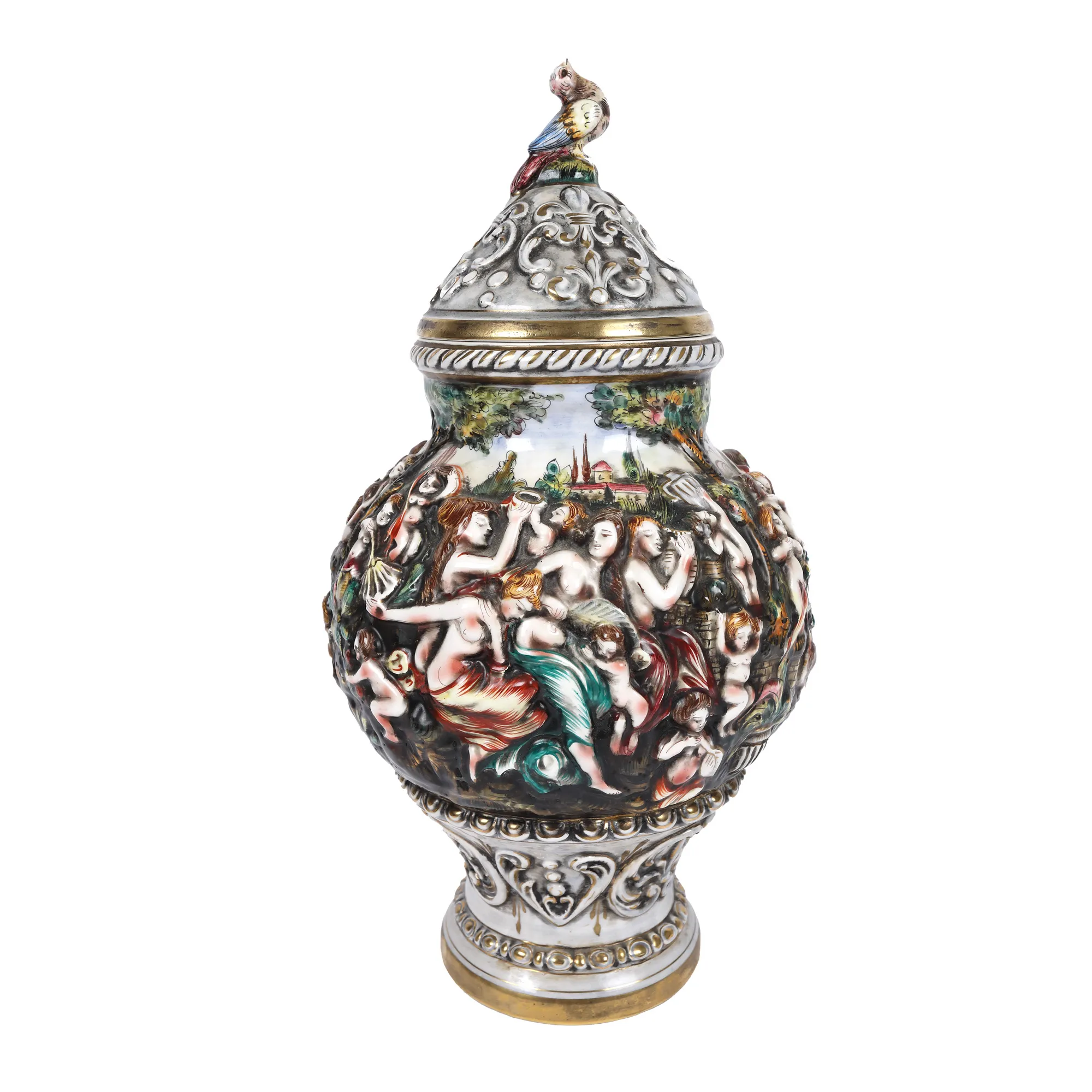 Vas cu capac din porțelan Capodimonte, decorat cu scenă de festivitate în relief