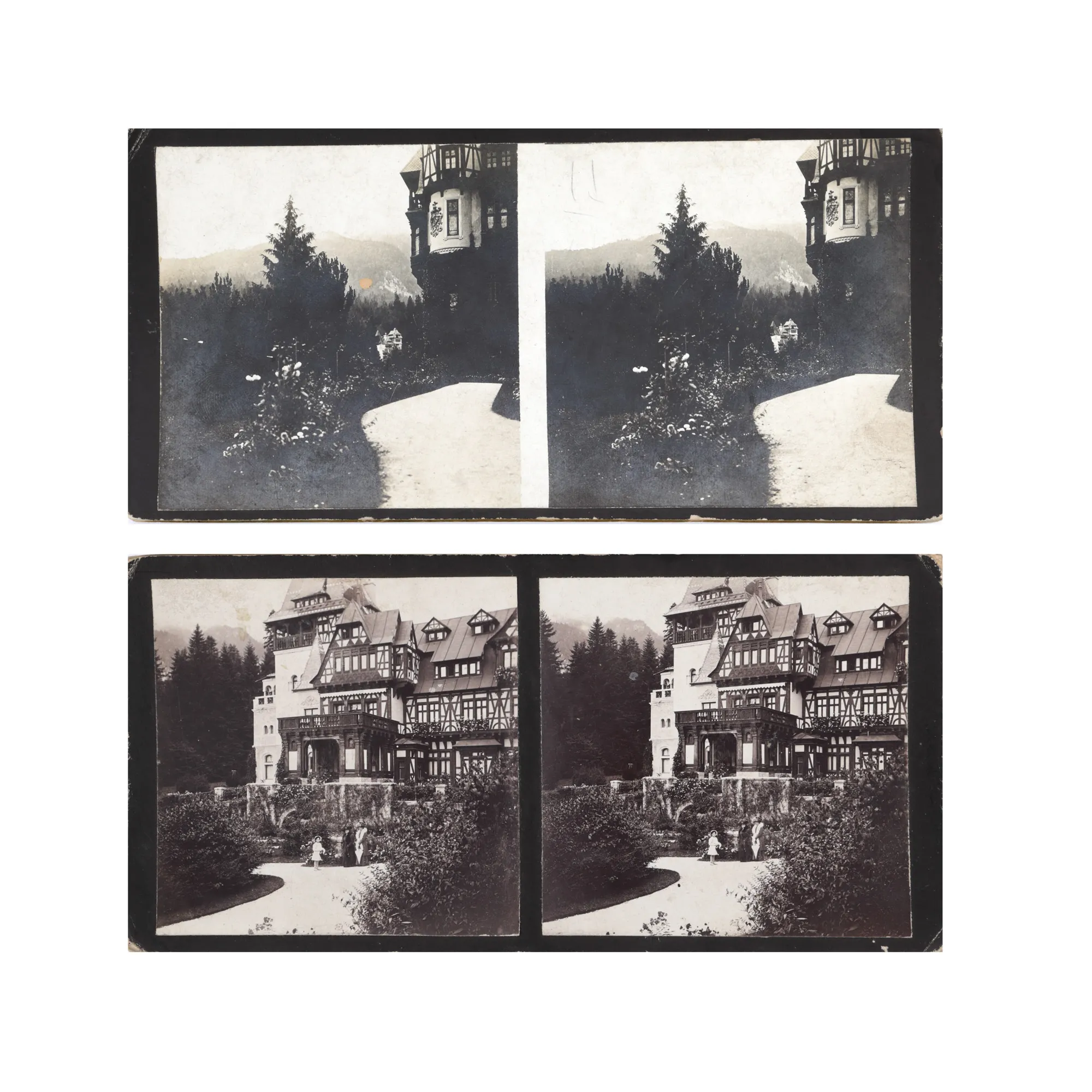 Lot format din 2 fotografii stereoscopice ilustrând Castelul Pelișor, cca. 1900