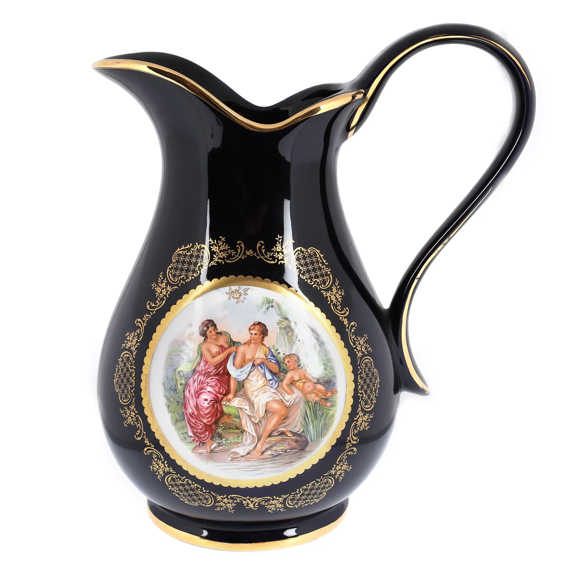 Carafă din porțelan Limoges, decorată cu scenă galantă, pictată manual