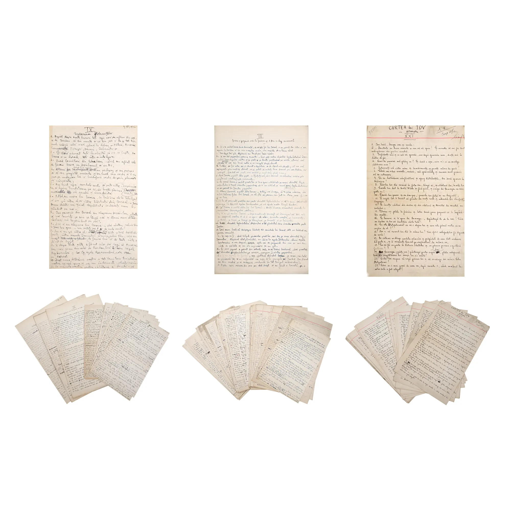 Set of three manuscripts of Father Gala Galaction, Grigore Pișculescu’s literary alias, "Geneza" ("The Genesis"), "Cartea lui Iov" ("The Book of Job") and "Cartea lui Iosua" ("The Book of Joshua"), 1935, from the historical collection Șerban Țuculescu-Maria Galaction