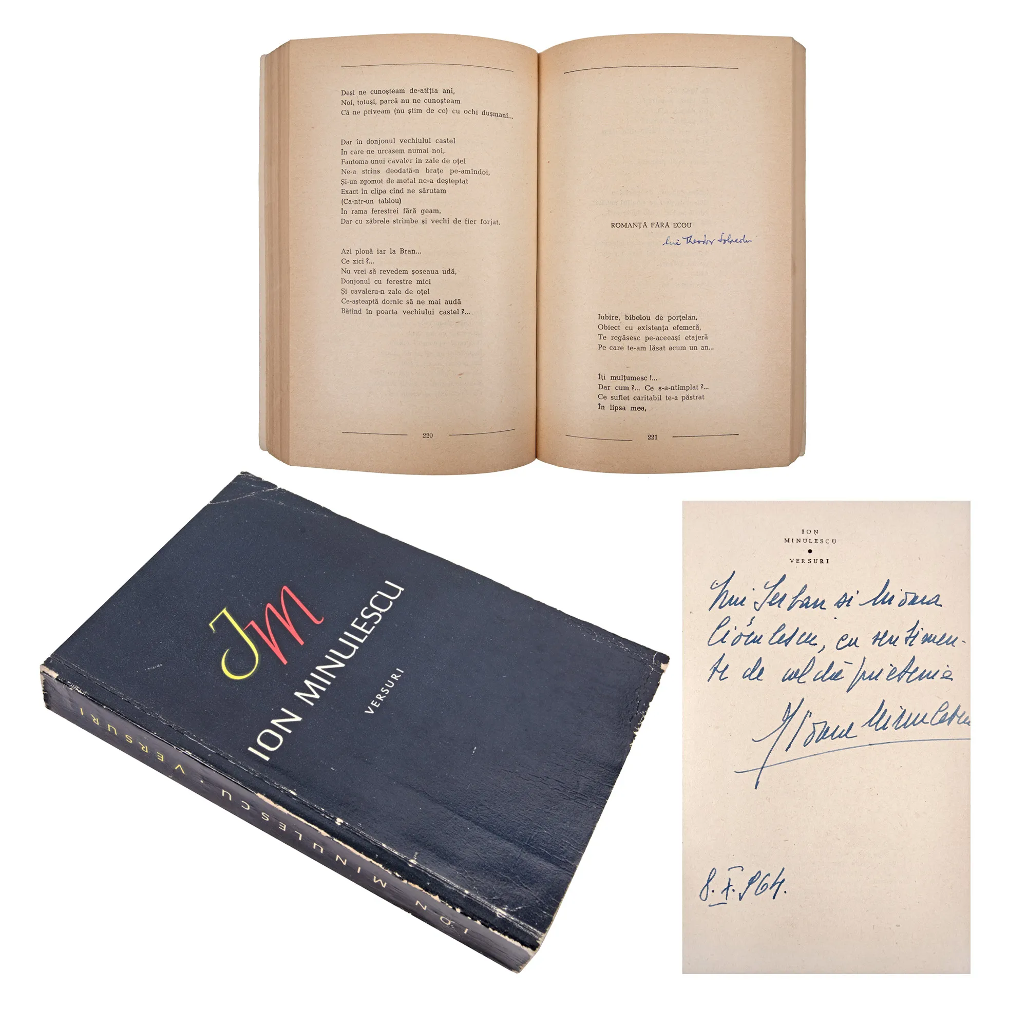 ‘Versuri’ (Verses), by Ion Minulescu, Bucharest, 1964, with dedication of Minulescu's daughter to Șerban Cioculescu, from the collection of the literary critic Șerban Cioculescu 