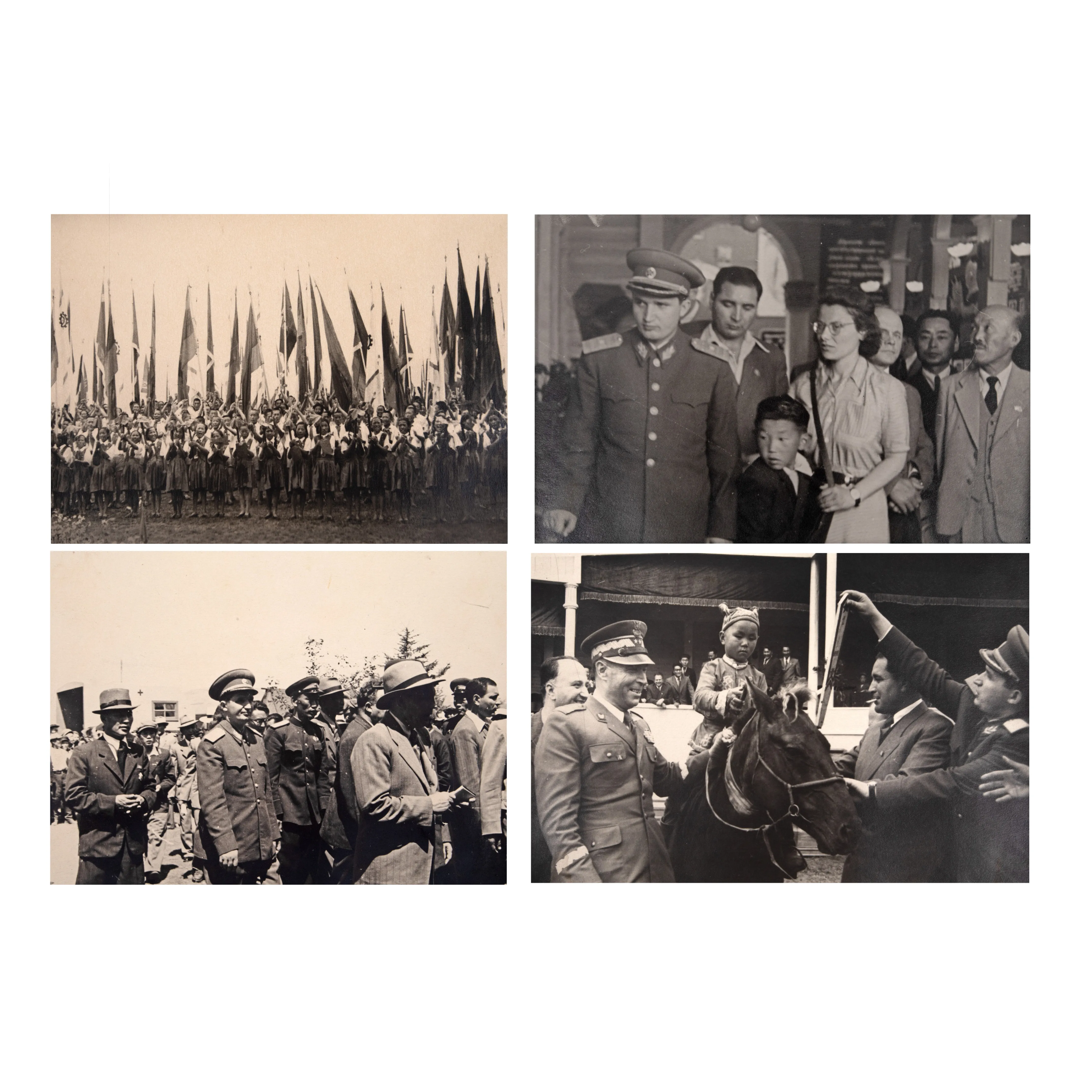Lot format din patru fotografii ilustrându-i pe Nicolae Ceaușescu și Gheorghe Gheorghiu Dej într-o vizită oficială în Mongolia, 1951