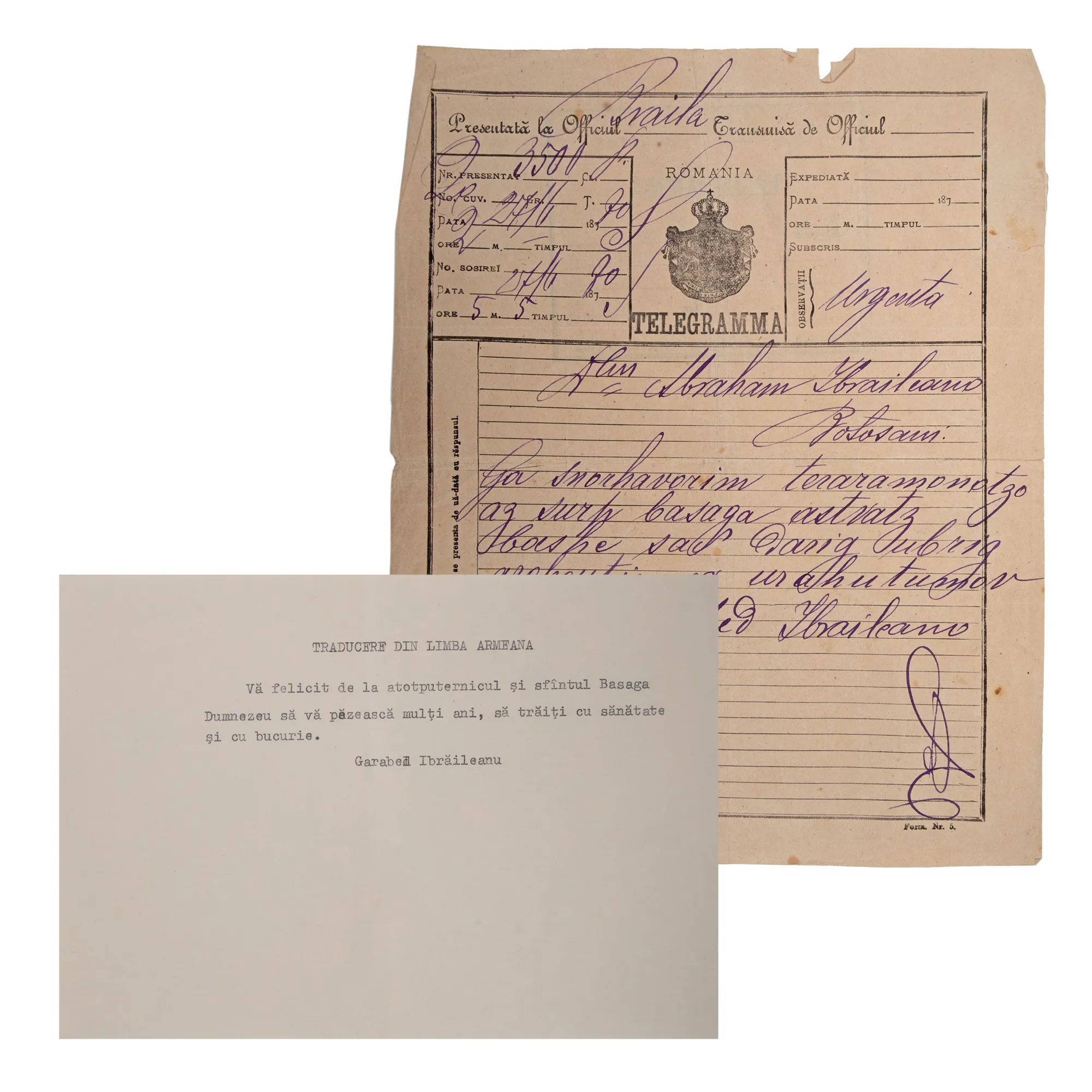 Telegram in Armenian sent by Garabet Ibrăileanu to Abraham Ibrăileanu, 1890
