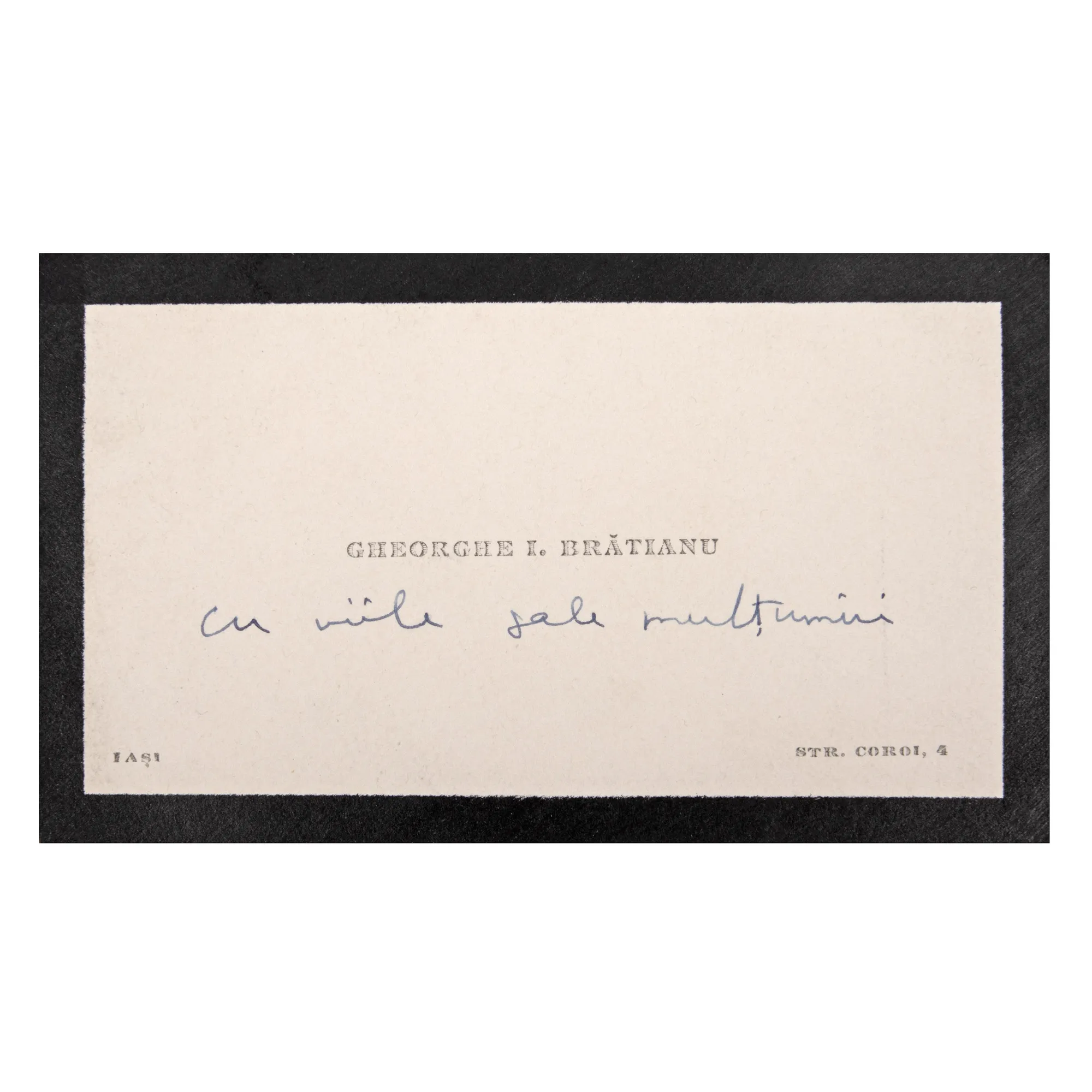 Address card of Gheorghe I. Brătianu, with handwritten inscription