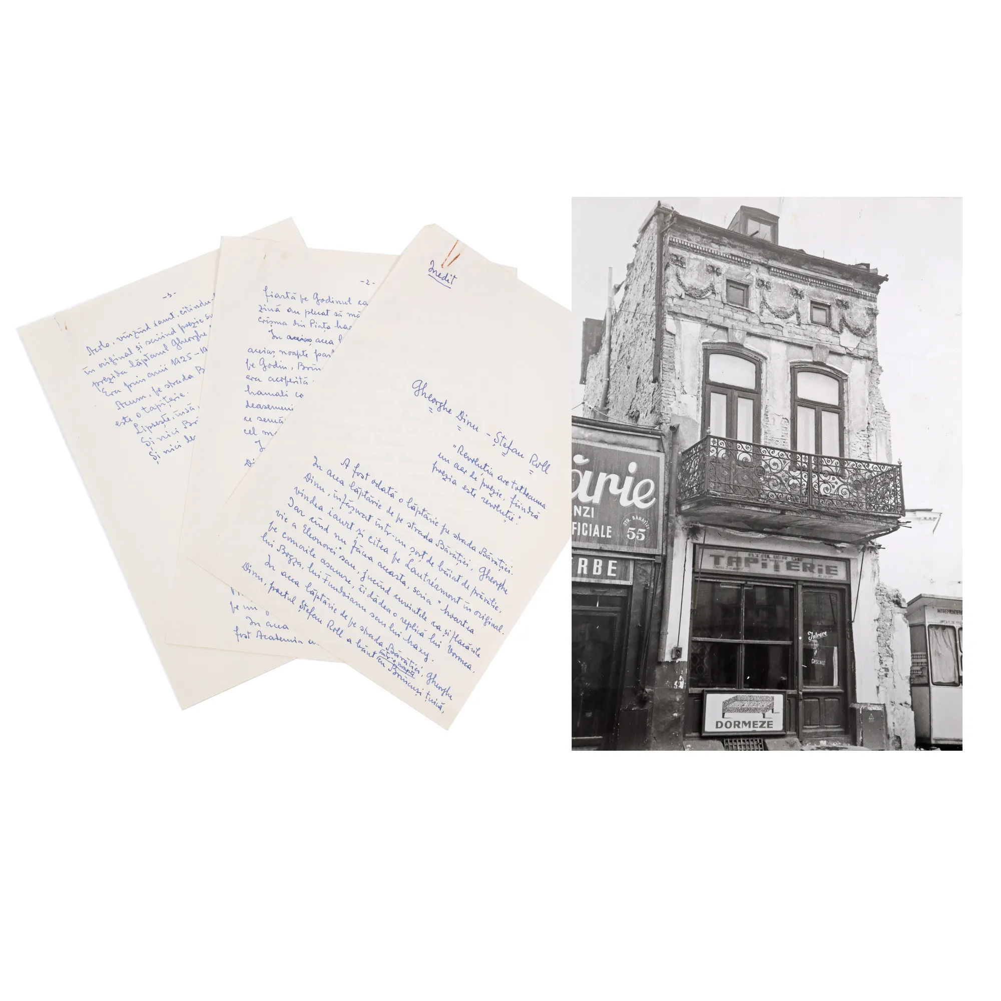 Set of the manuscript of the article ‘Gheorghe Dinu - Stefan Roll’, by George Macovescu, with handwritten signature, May 12, 1981, and a photograph depicting The dairy of Gheorghe Dinu, February 1987, from the archive of the former Foreign Minister George Macovescu