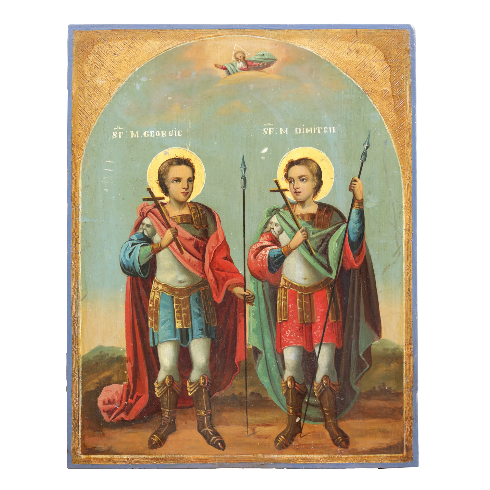Icoană pe lemn, ”Sfinții Militari Gheorghe și Dumitru”, școală românească, probabil Cernica, jumătatea sec. XIX