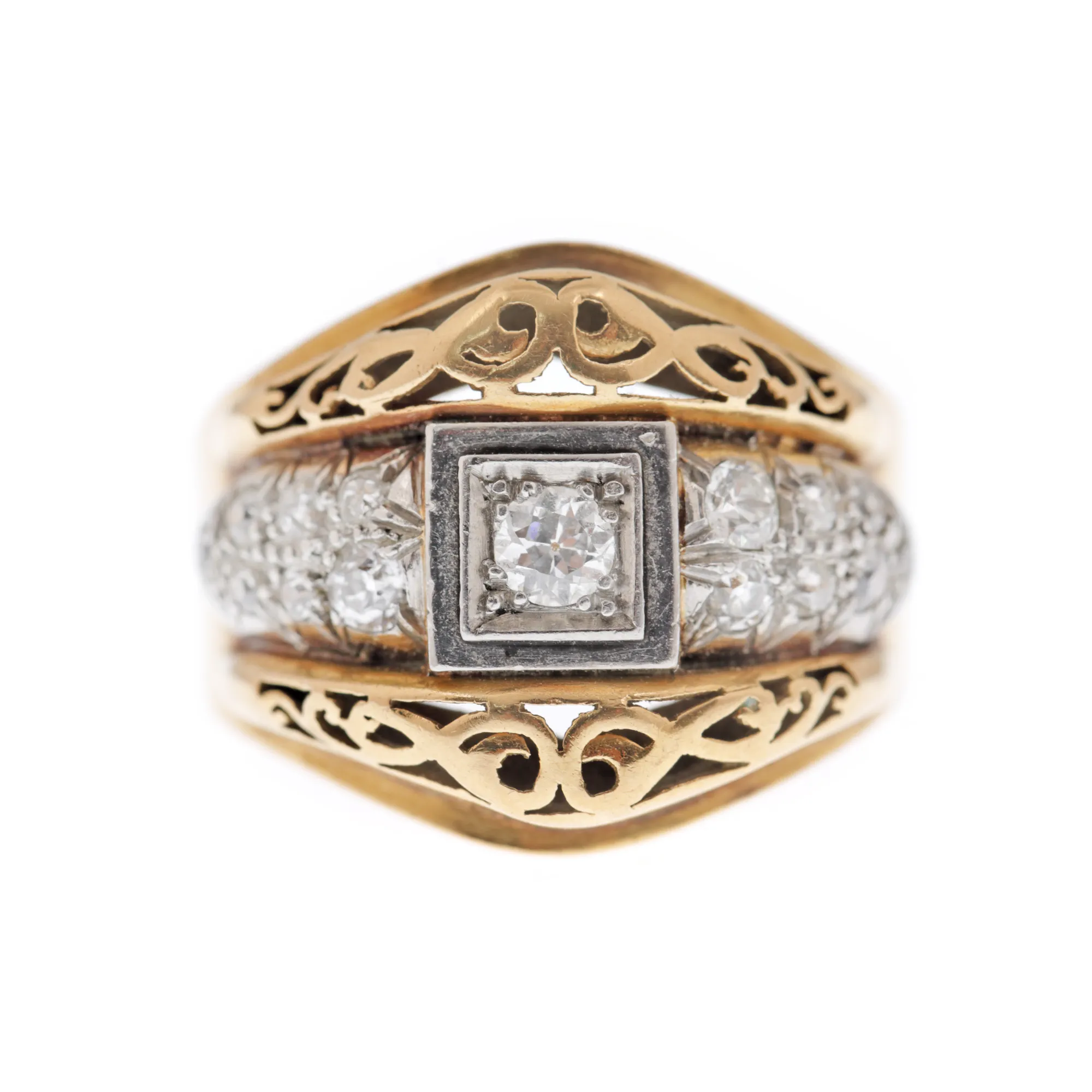 Gold and platinum ring, men's, decorated with diamonds