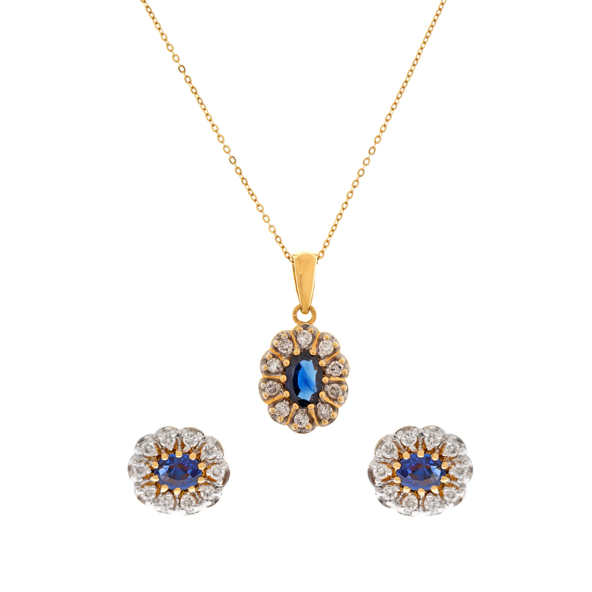 Set of earrings and chain with gold pendant, adorned with sapphires and diamonds