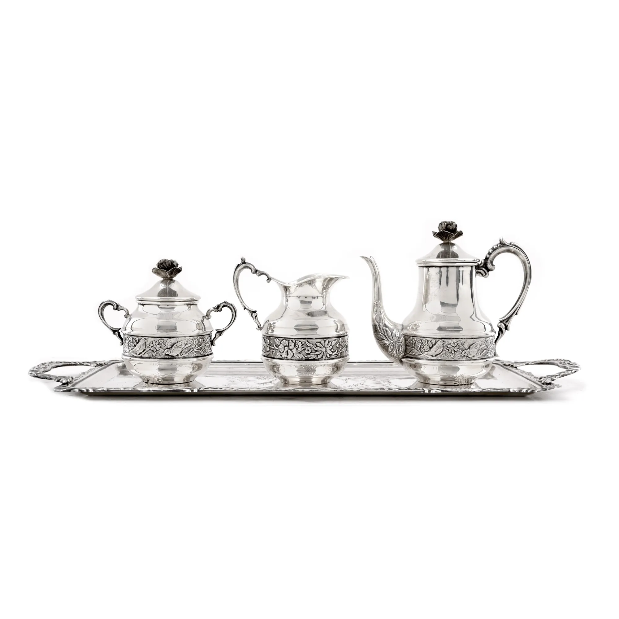 Impecabil serviciu de cafea din argint Pasgorcy Madrid, format din tavă, cafetieră, letieră și zaharniță