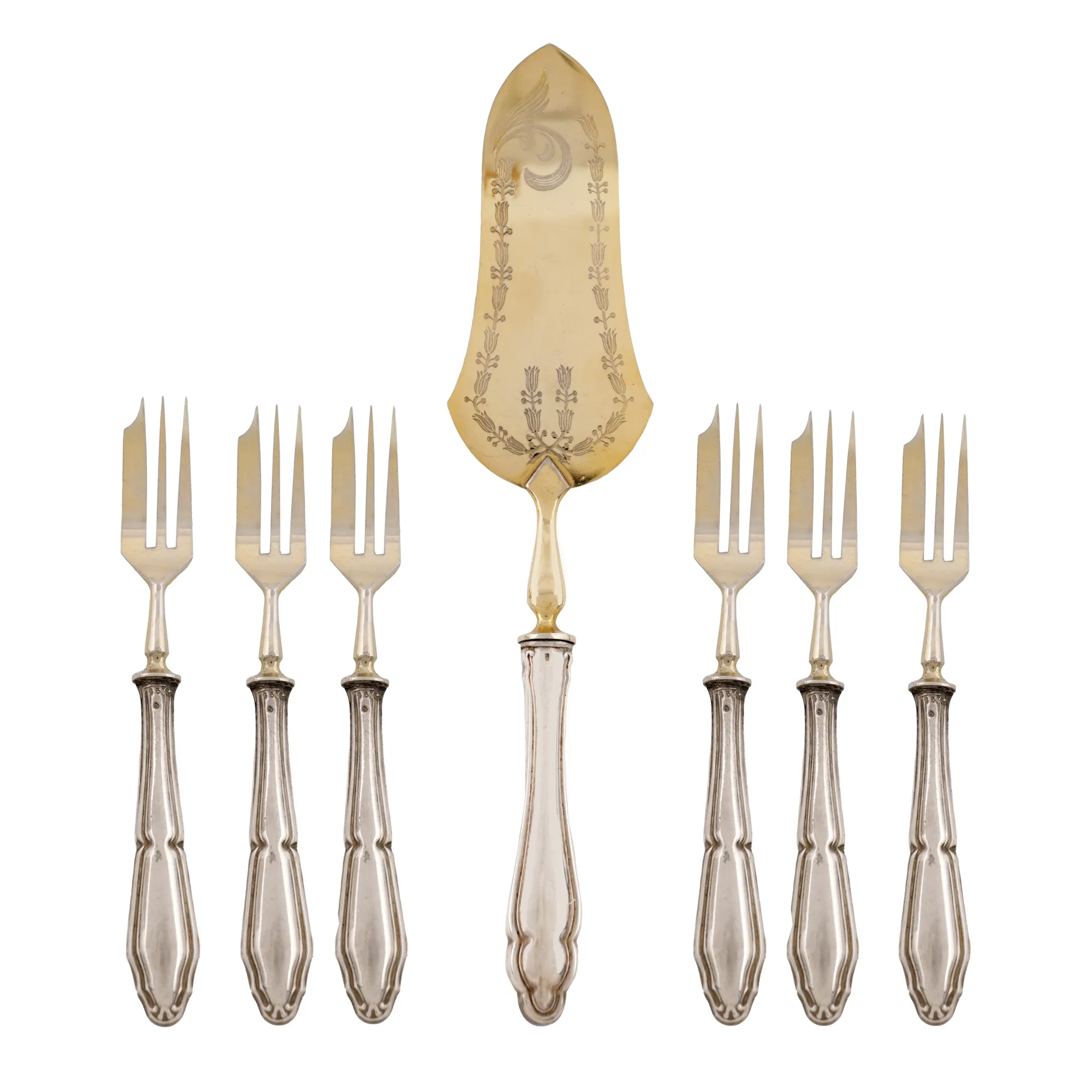 Silver cutlery set for serving cake, consisting of spatula and 6 forks, in original box