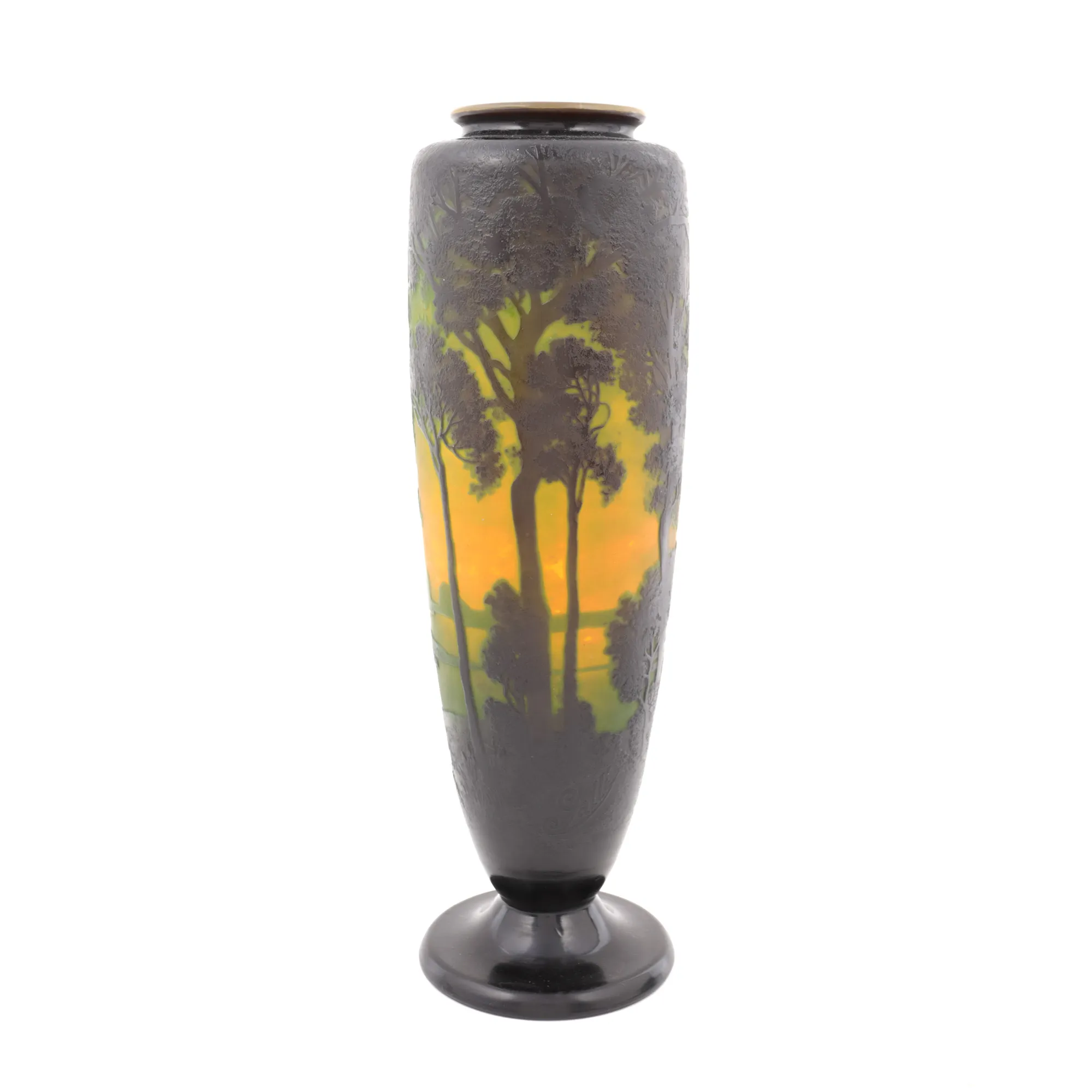 Gallé vase, decorated with sunset landscape, cca. 1930