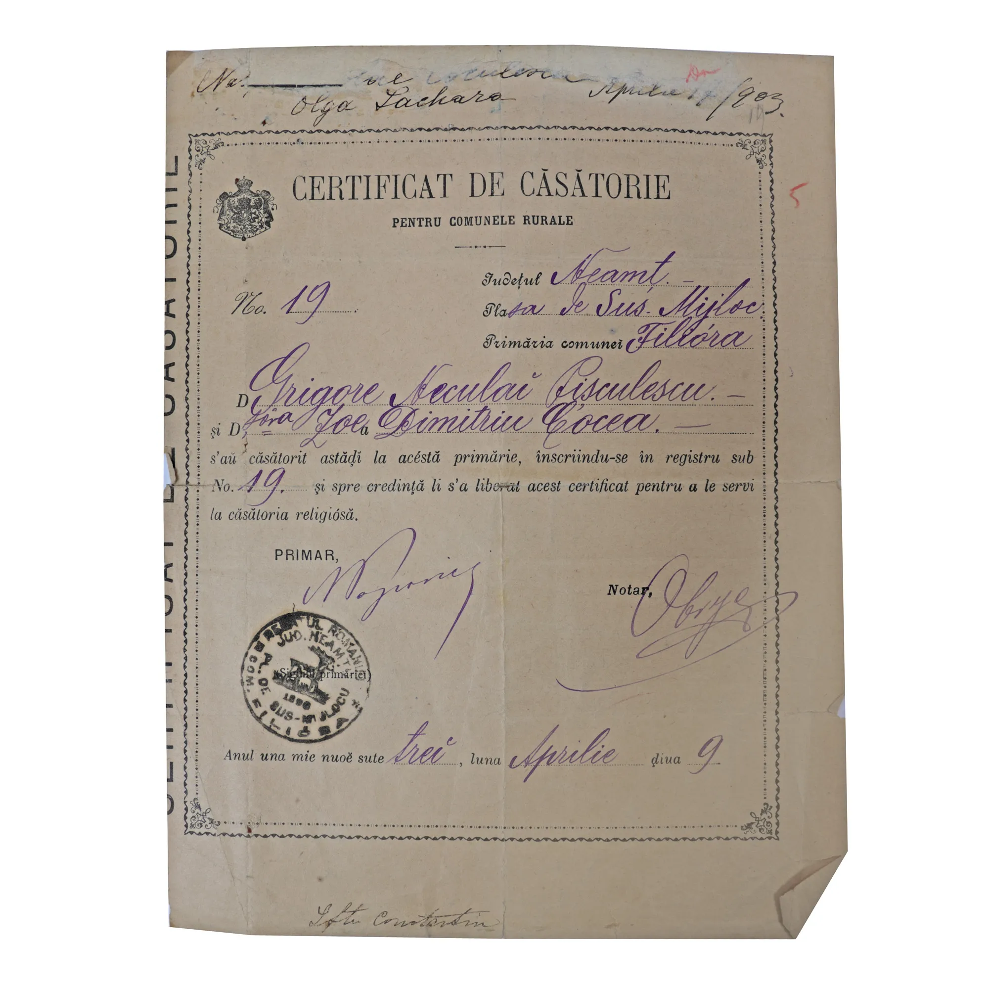 The Marriage Certificate of Father Gala Galaction, with his original name of Grigore Pișculescu, with Zoe Dimitriu Cocea, originates from the historical collection of Șerban Țuculescu-Maria Galaction