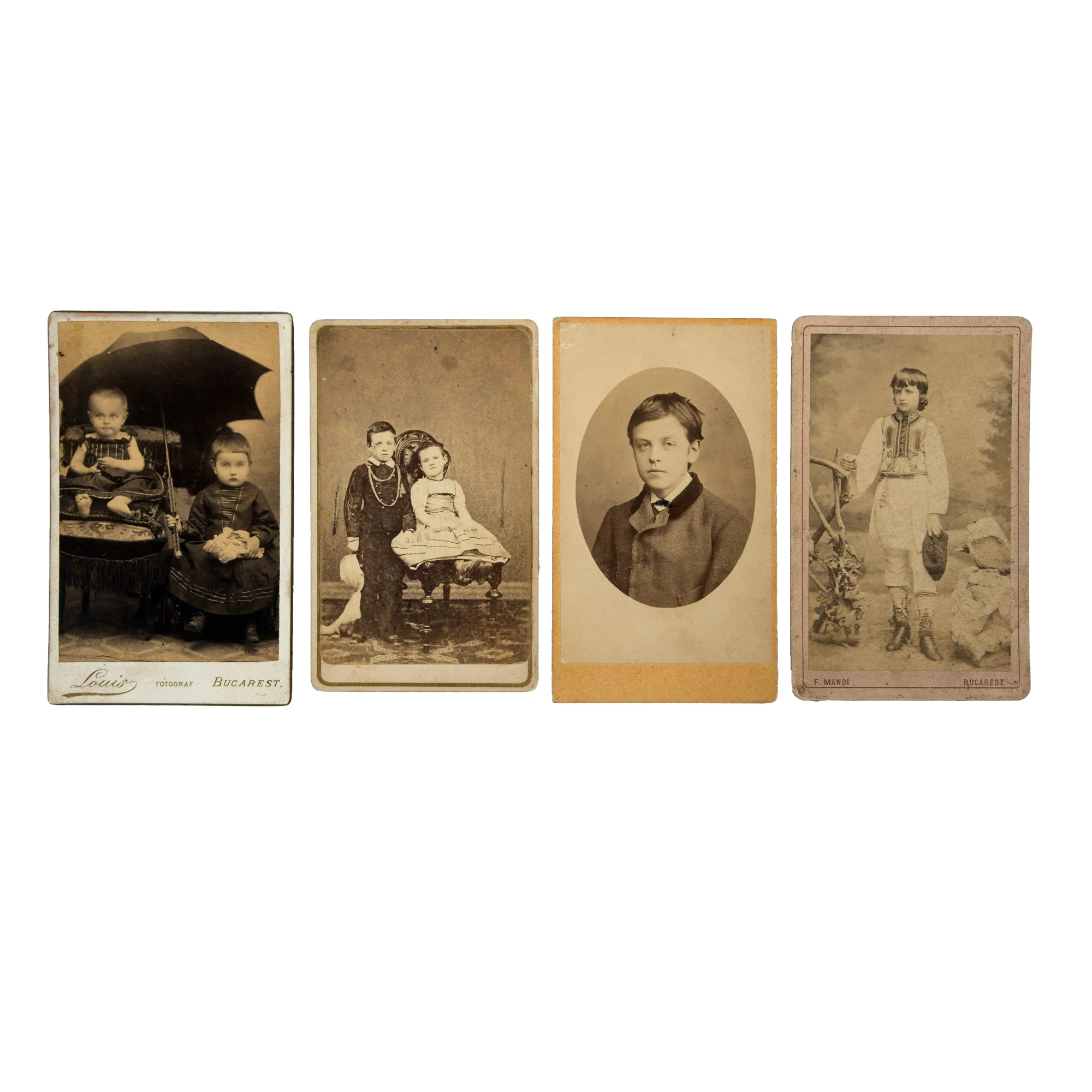 Lot consisting of four vintage photographs depicting Grigore V. Maniu, his sister Maria (Bibica), Vasile V. Maniu and Adrian and Rodica Maniu, workshops Carl Handl, Franz Mandy, Carol Popp de Szathmary and Louis, Bucharest, cca. 1895, coming from the collection of Rodica Maniu and Samuel Mützner.