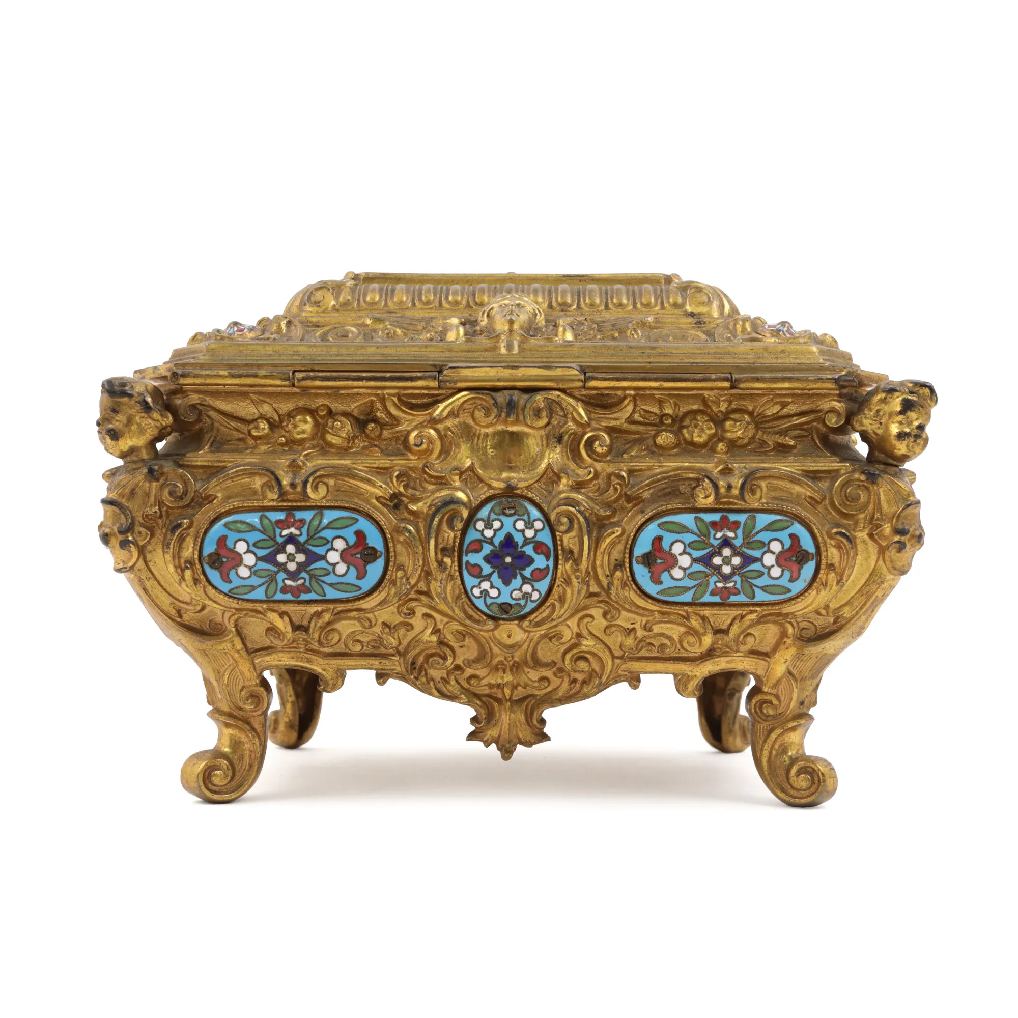 Cutie de bijuterii Rococo Revival, din bronz aurit decorată cu medalioane cloisonné champlevé, sfârșitul sec. XIX