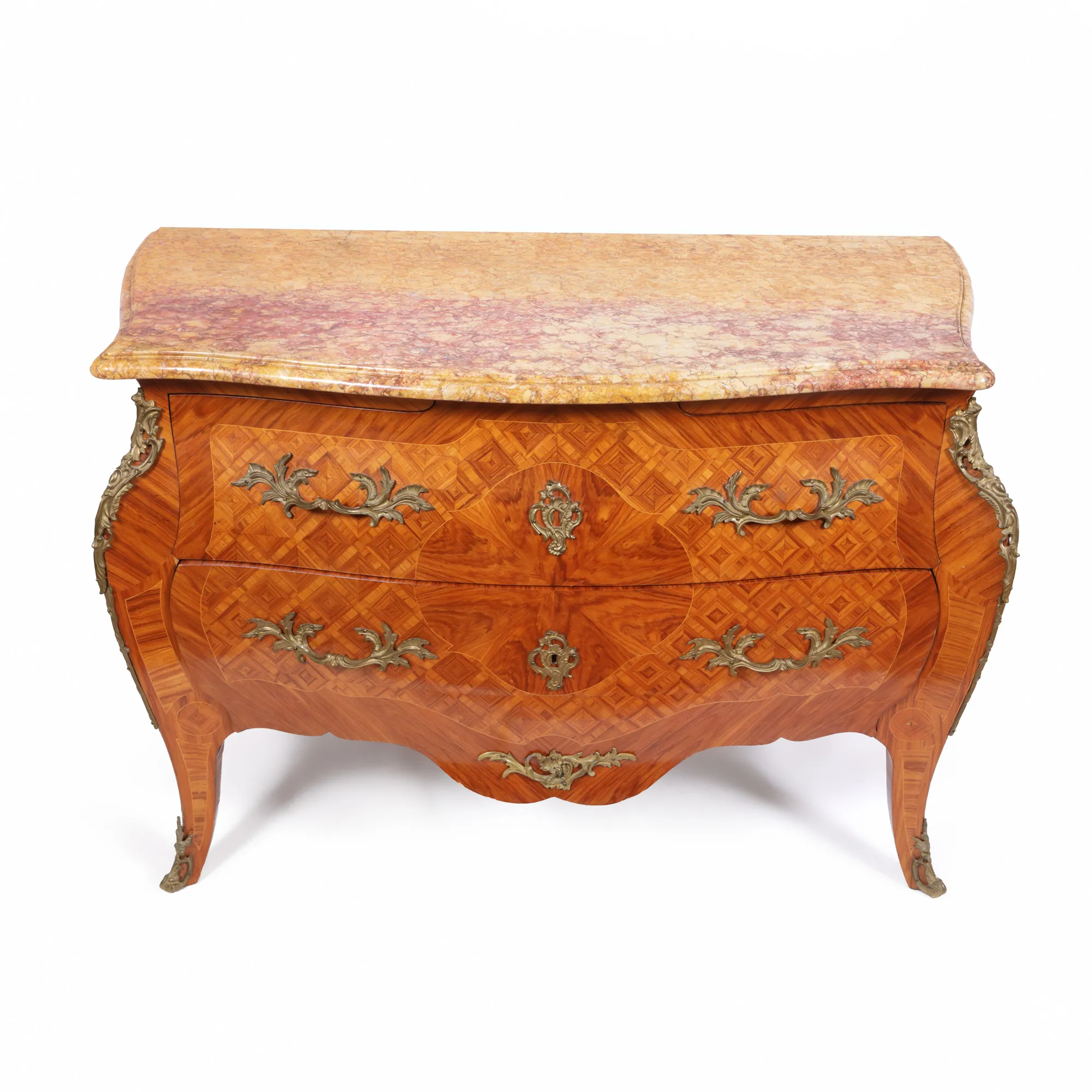 Wooden chest of drawers, in Louis XV style, decorated with marquetry and gilded bronze elements, circa 1900.