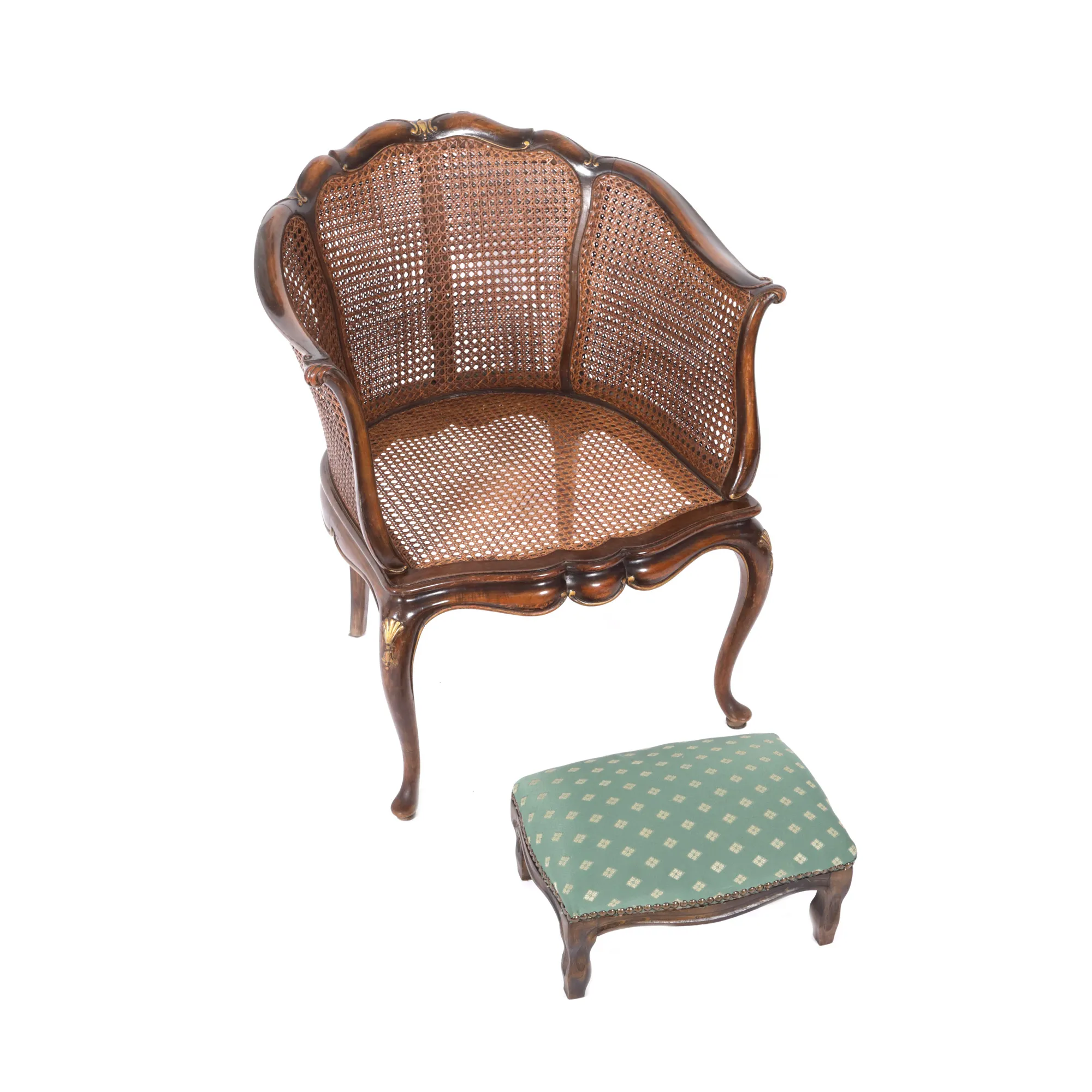 Painted wooden bergère armchair, accompanied by a small upholstered chair, early 20th century