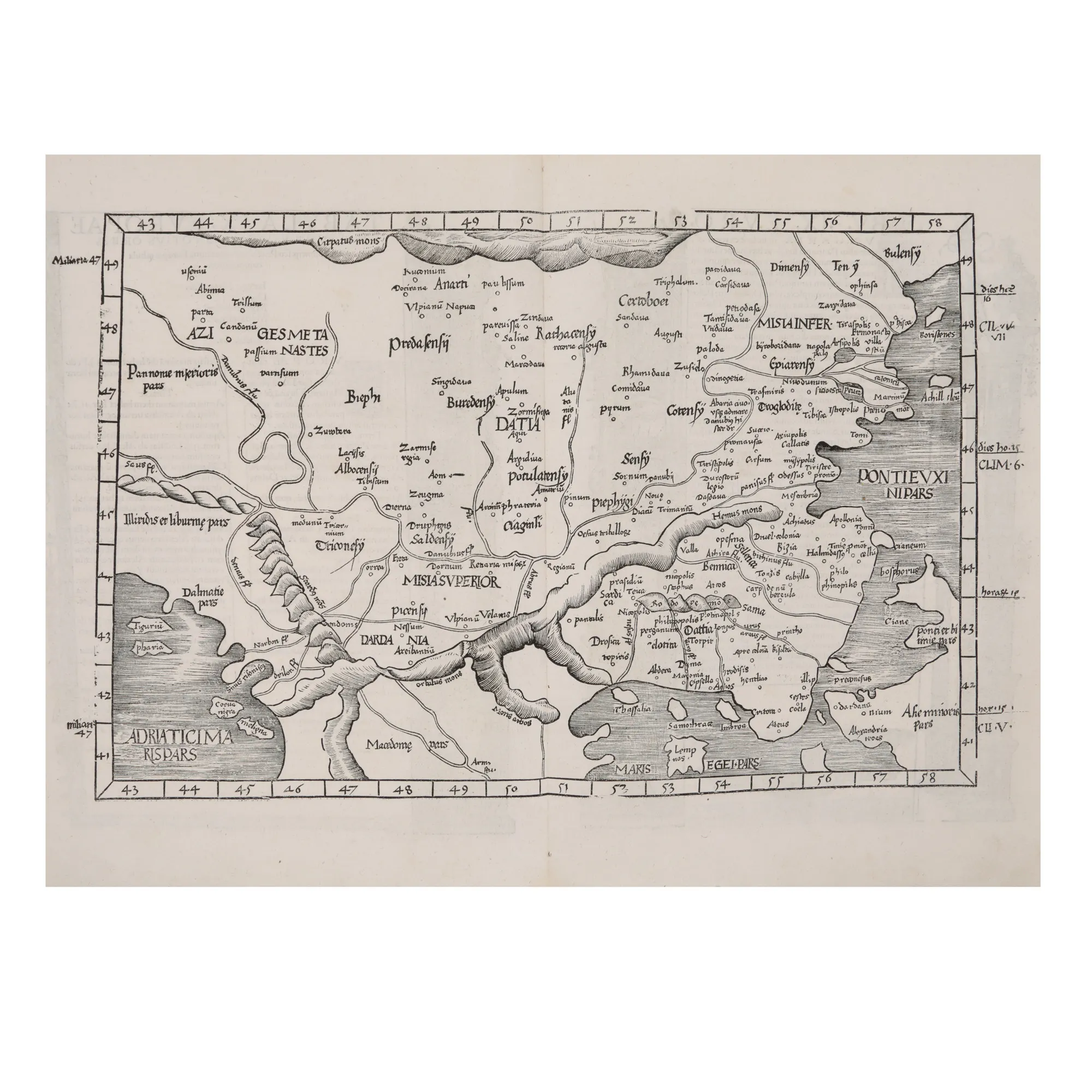 Hartă "Dacia, Peninsula Balcanică și Grecia", de Lorenz Fries, după Ptolemeu, Lyon, 1535