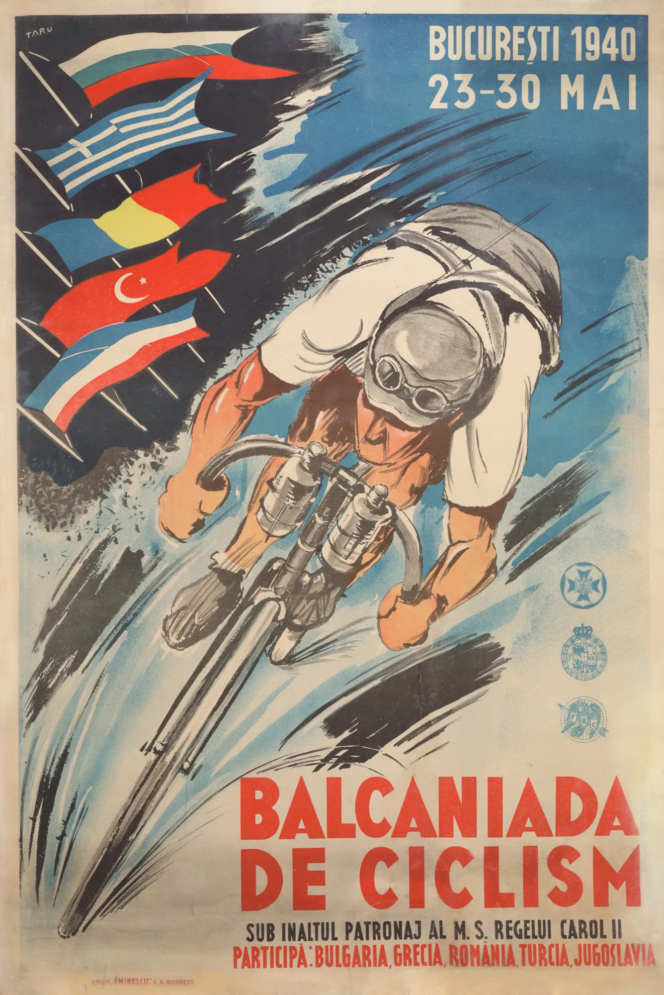 Afiș ”Balcaniada de Ciclism, București, 23-30 mai 1940”, realizat de Eugen Taru, piesă de colecție