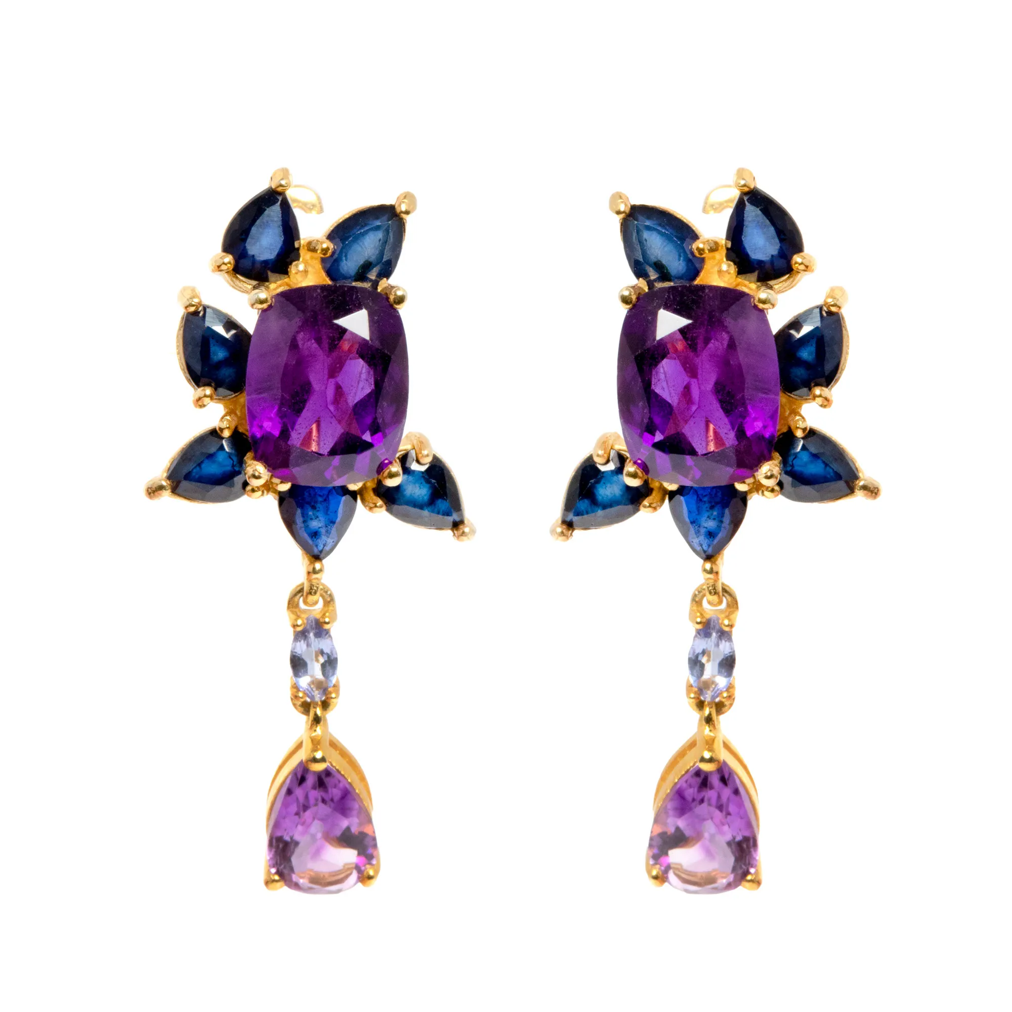 Pair of gold-plated silver earrings decorated with amethysts, tanzanites, and sapphires