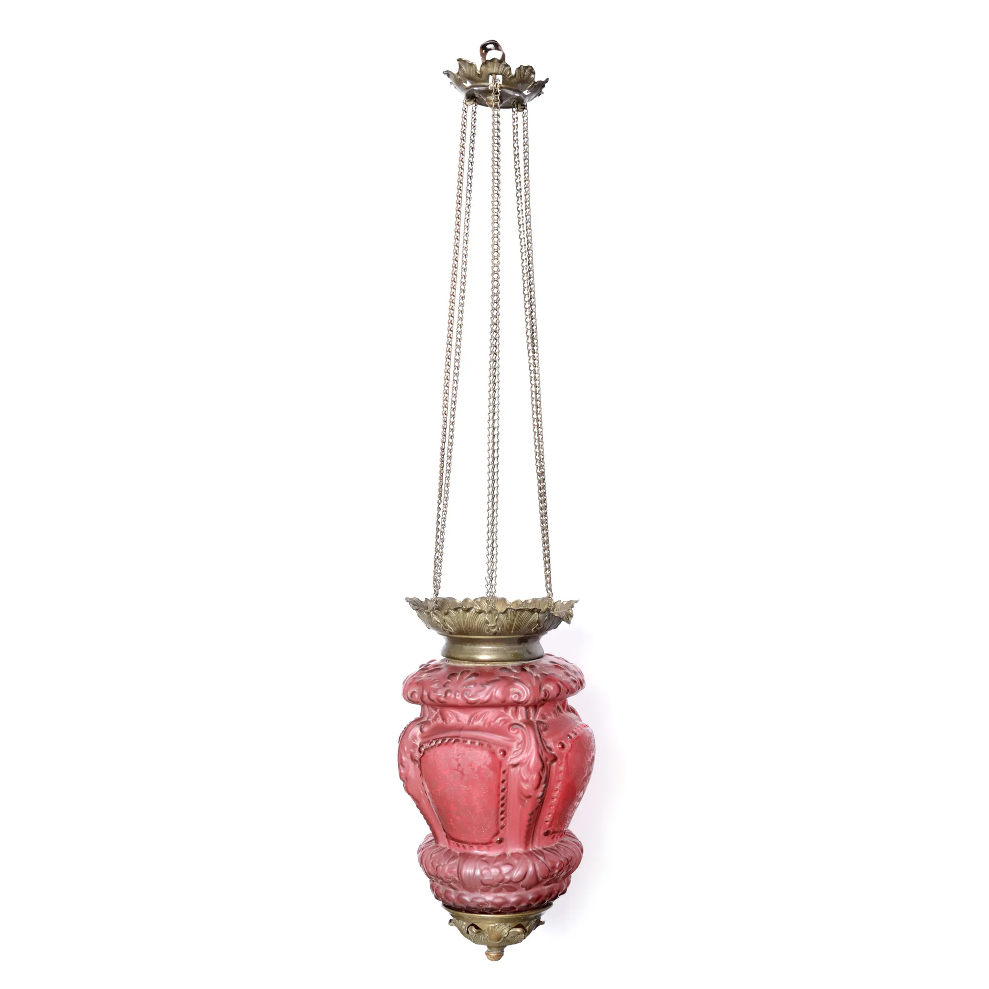 ”Moon lamp” - lampă Neobizantină cu sticlă opalină, decorată cu amorași, sfârșitul sec. XIX