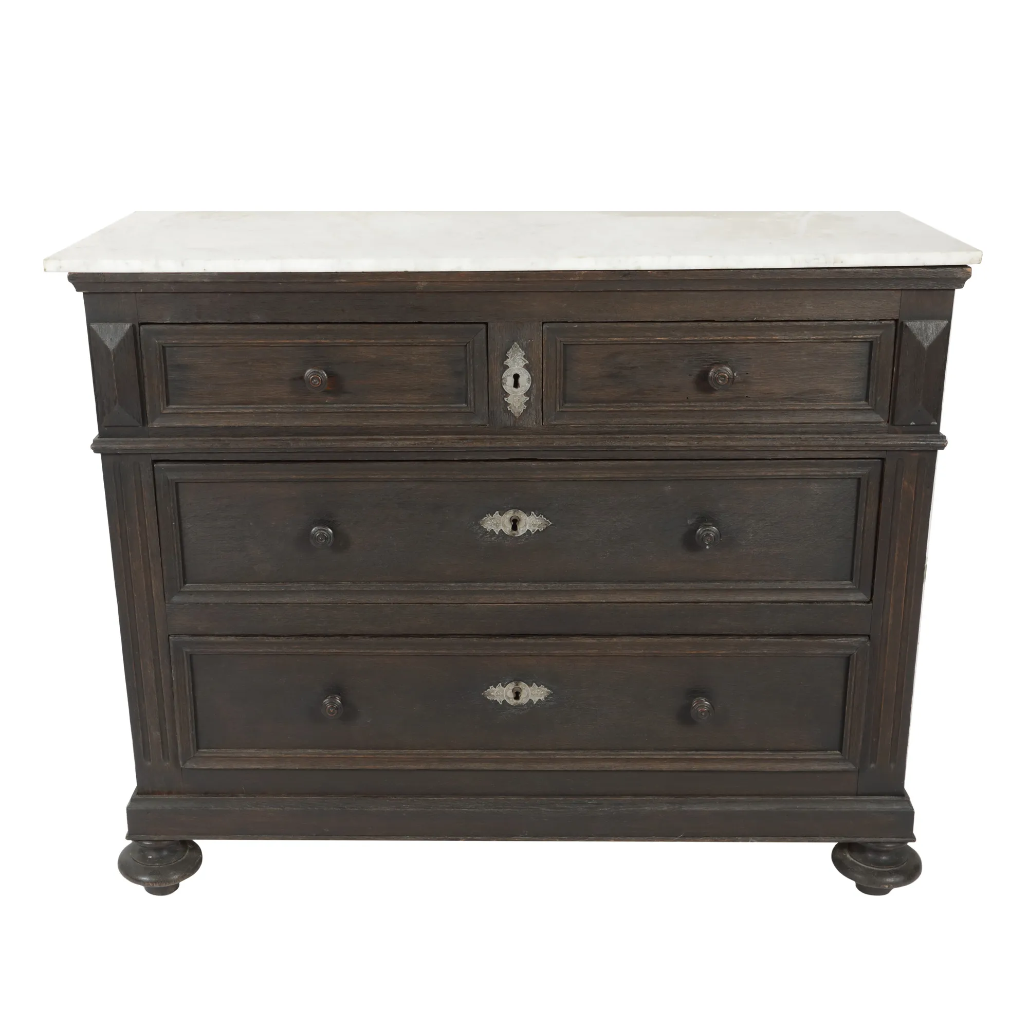 Wooden chest of drawers with white marble top, circa 1930-1940