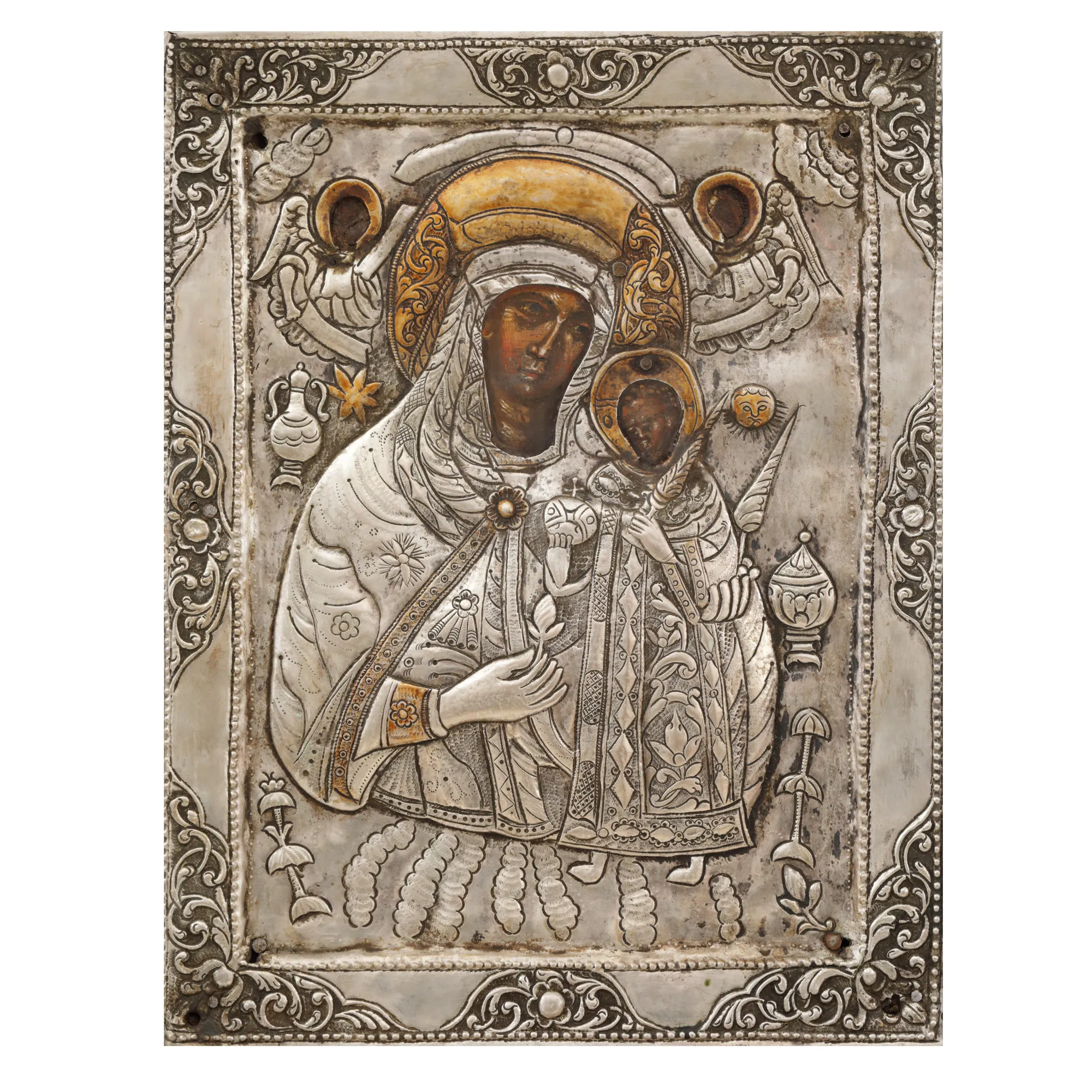 Icon on wood, with silver carving, "Mother of God with the Infant - Unfading Rose", Romanian school, 18th century