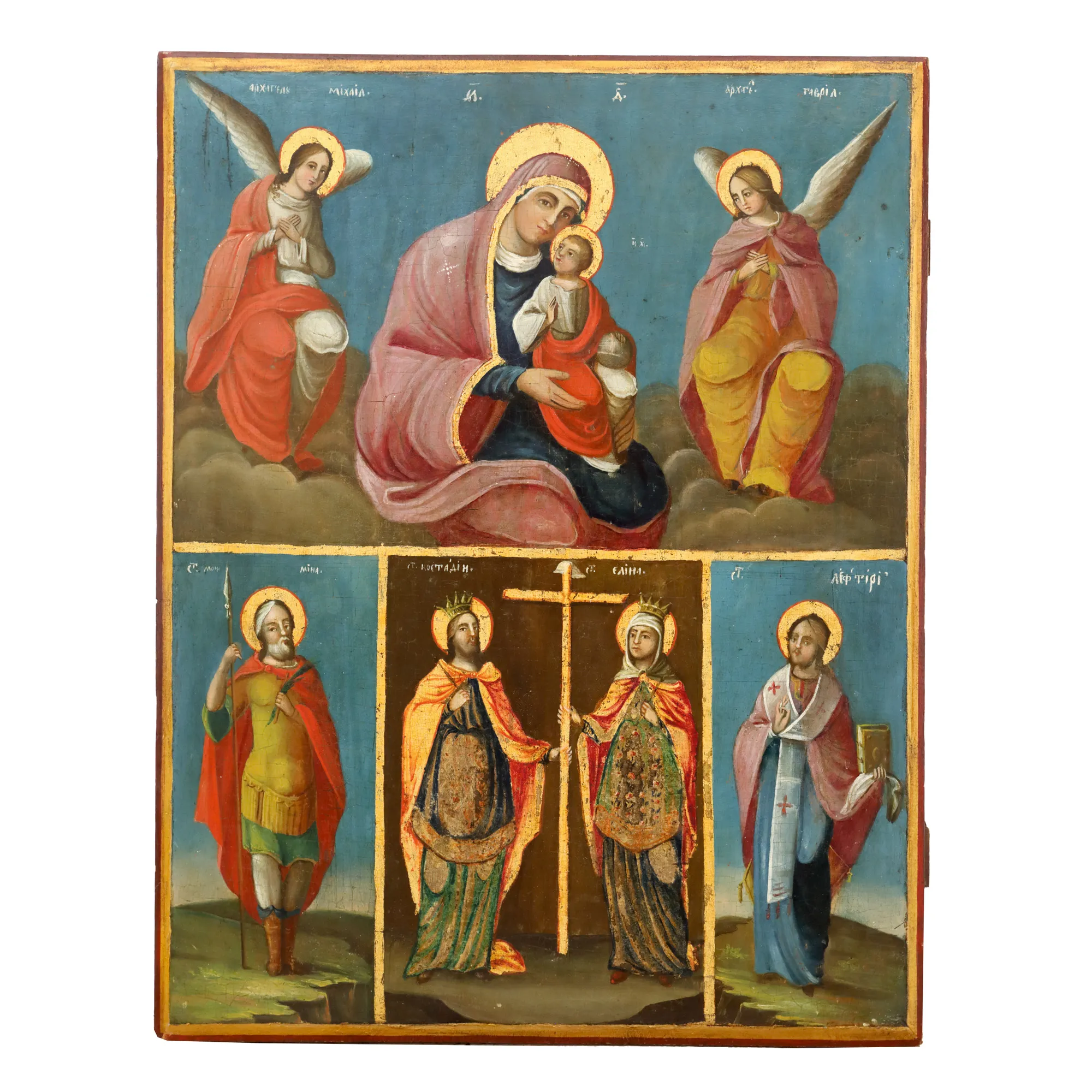 Icon on wood, in two registers, "Mother of God with the Infant, Saint Mina, Saints Constantine and Helena and Saint Eleftherios", Romanian school, first half of the 19th century.