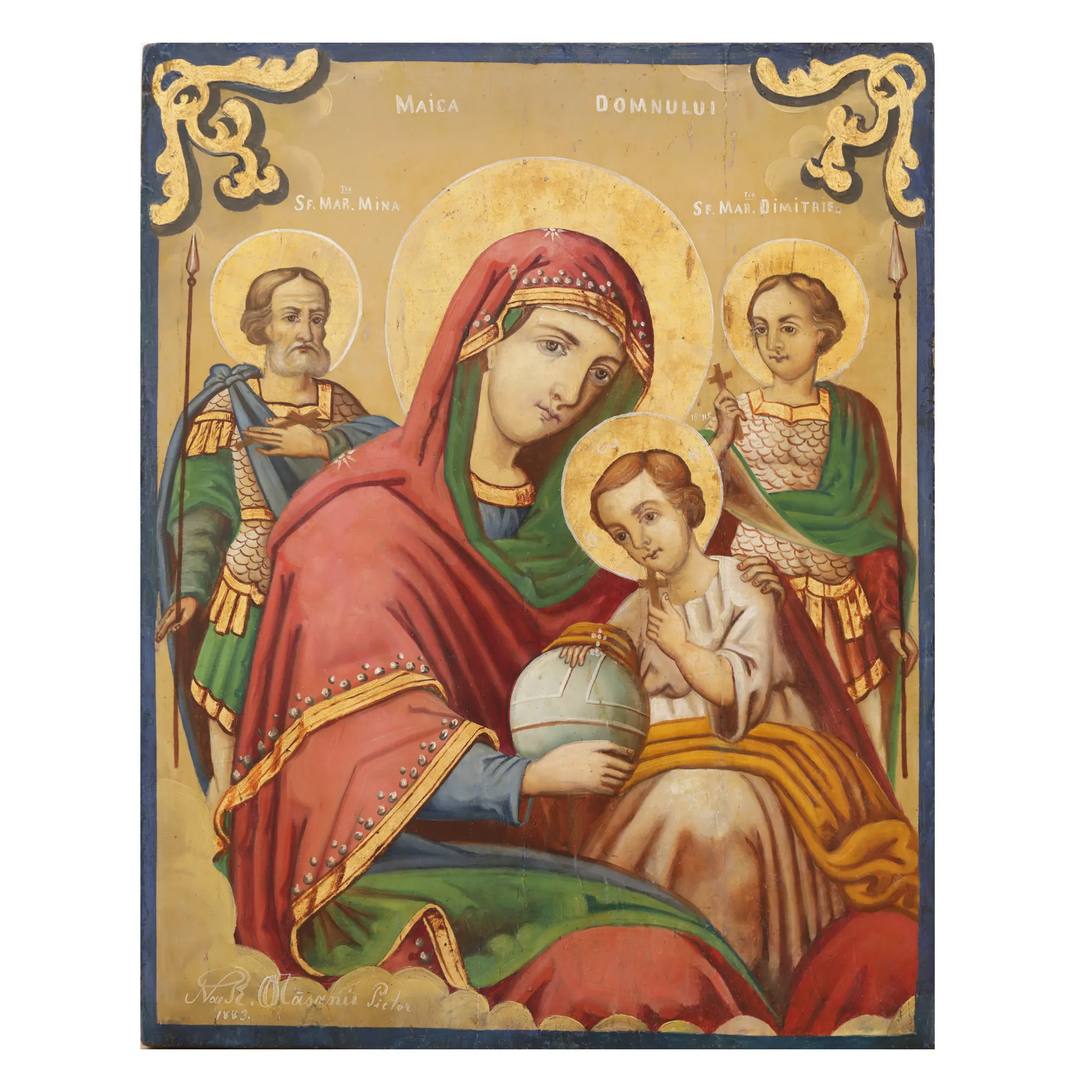 Icoană pe lemn, ”Maica Domnului cu Pruncul, Sfântul Mina și Sfântul Dumitru”, de pictor Nae R. Orășaniu, Brăila, 1883