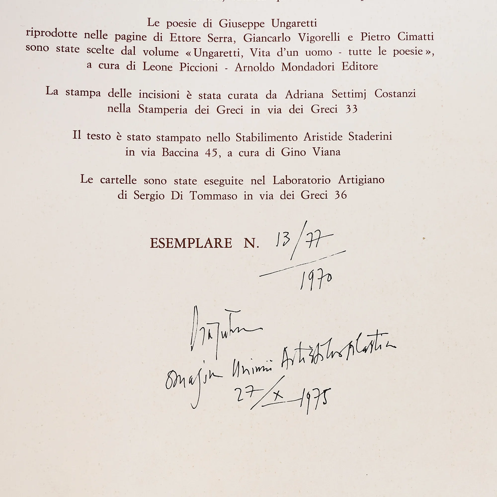 Mapă de grafică dedicată poetului Giuseppe Ungaretti, de Eugen Drăguțescu, Roma, 1970, cu 10 gravuri în text, piesă rară (exemplarul 13/77)