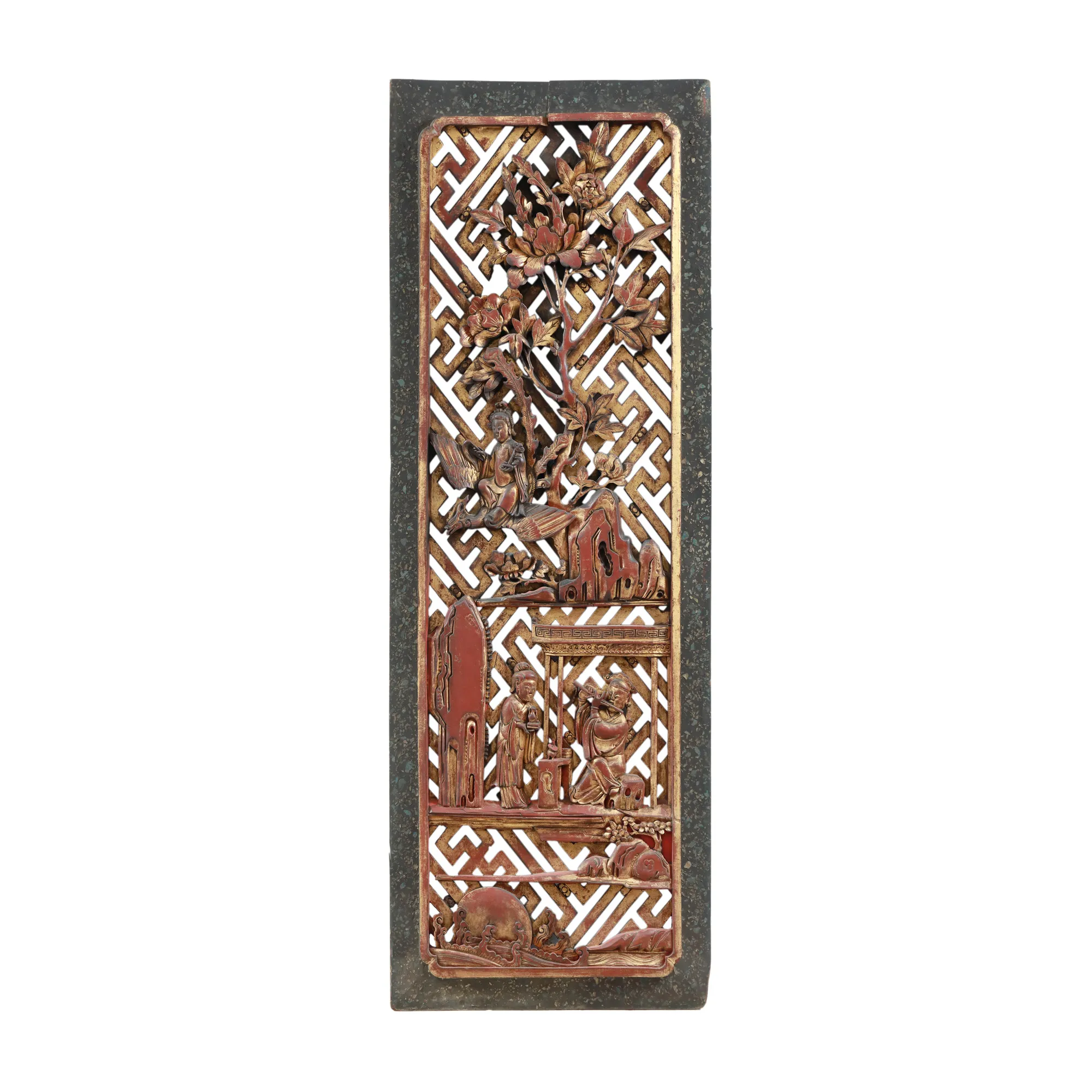 Panou decorativ din lemn exotic, ilustrând un templu, Tibet, prima jumătate a sec. XX