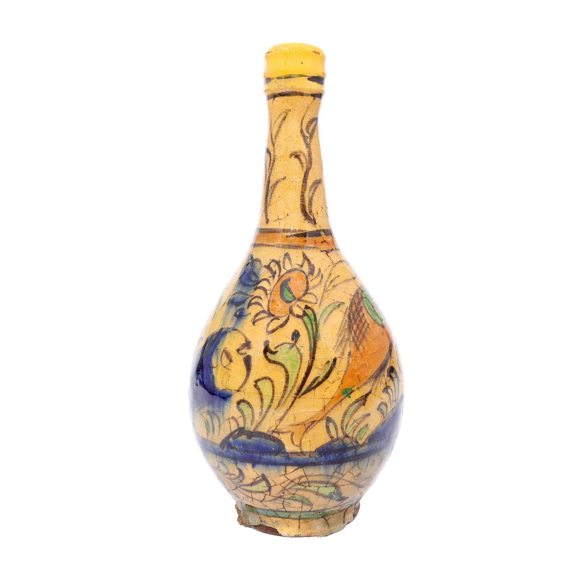 Persian glazed ceramic vase, decorated with floral and marine elements, Qajar dynasty period, mid 19th century