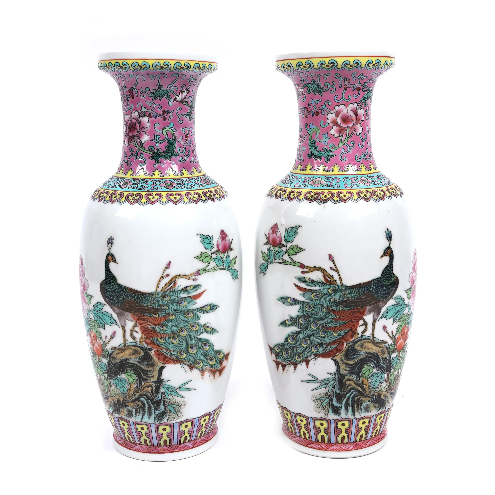 Pair of porcelain vases, painted with peacocks and chrysanthemums, marked Jingdezhen, China, circa 1950