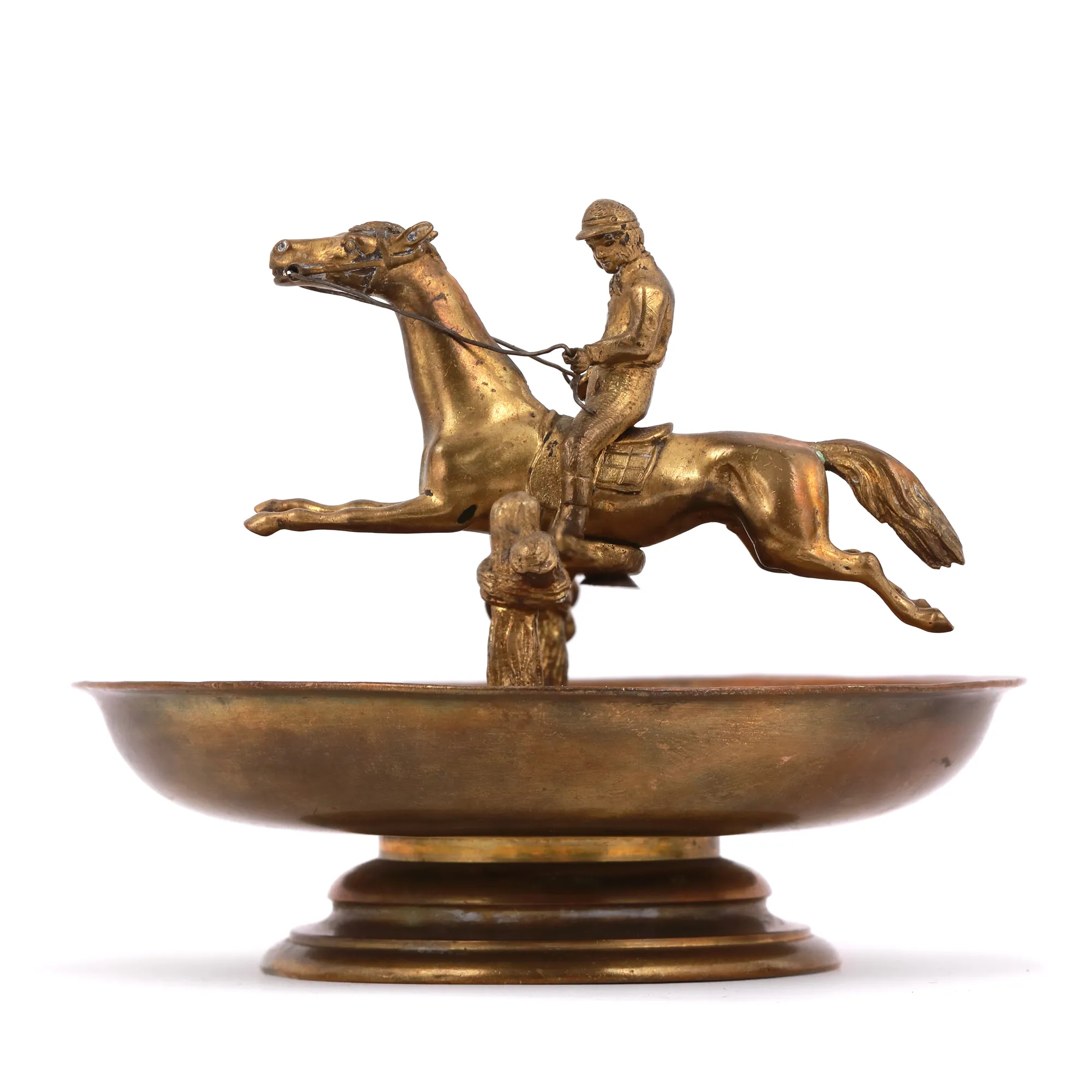 Bronze ashtray, representing a jockey jumping an obstacle, circa 1900