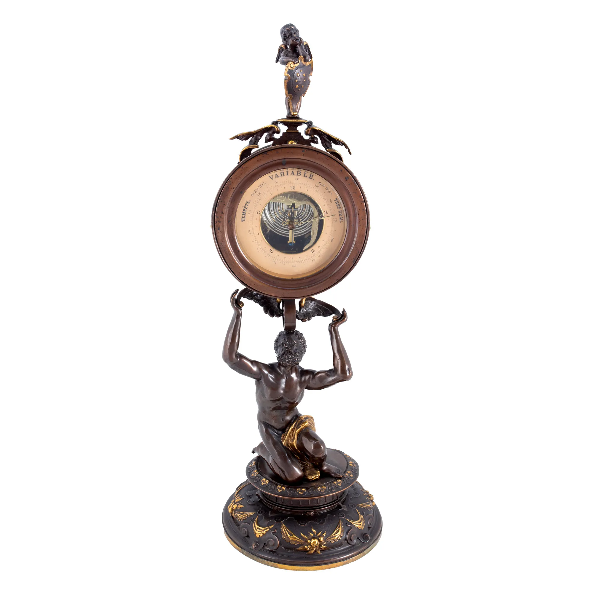 Bronze and brass barometer, depicting the Titan Atlas, decorated with gilded elements, end of the 19th century